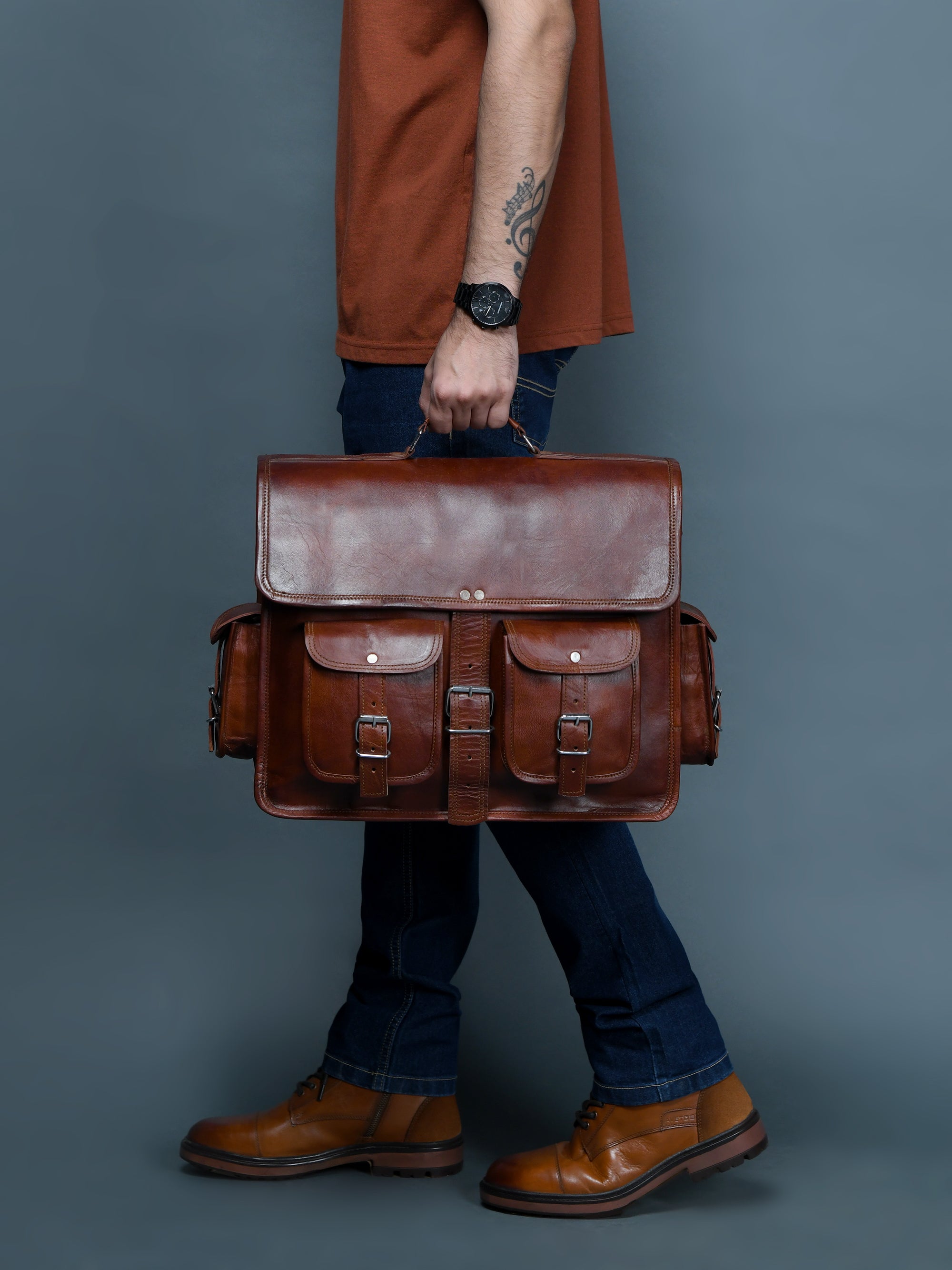 Classic Brown Leather Multi-Pocket Messenger Bag