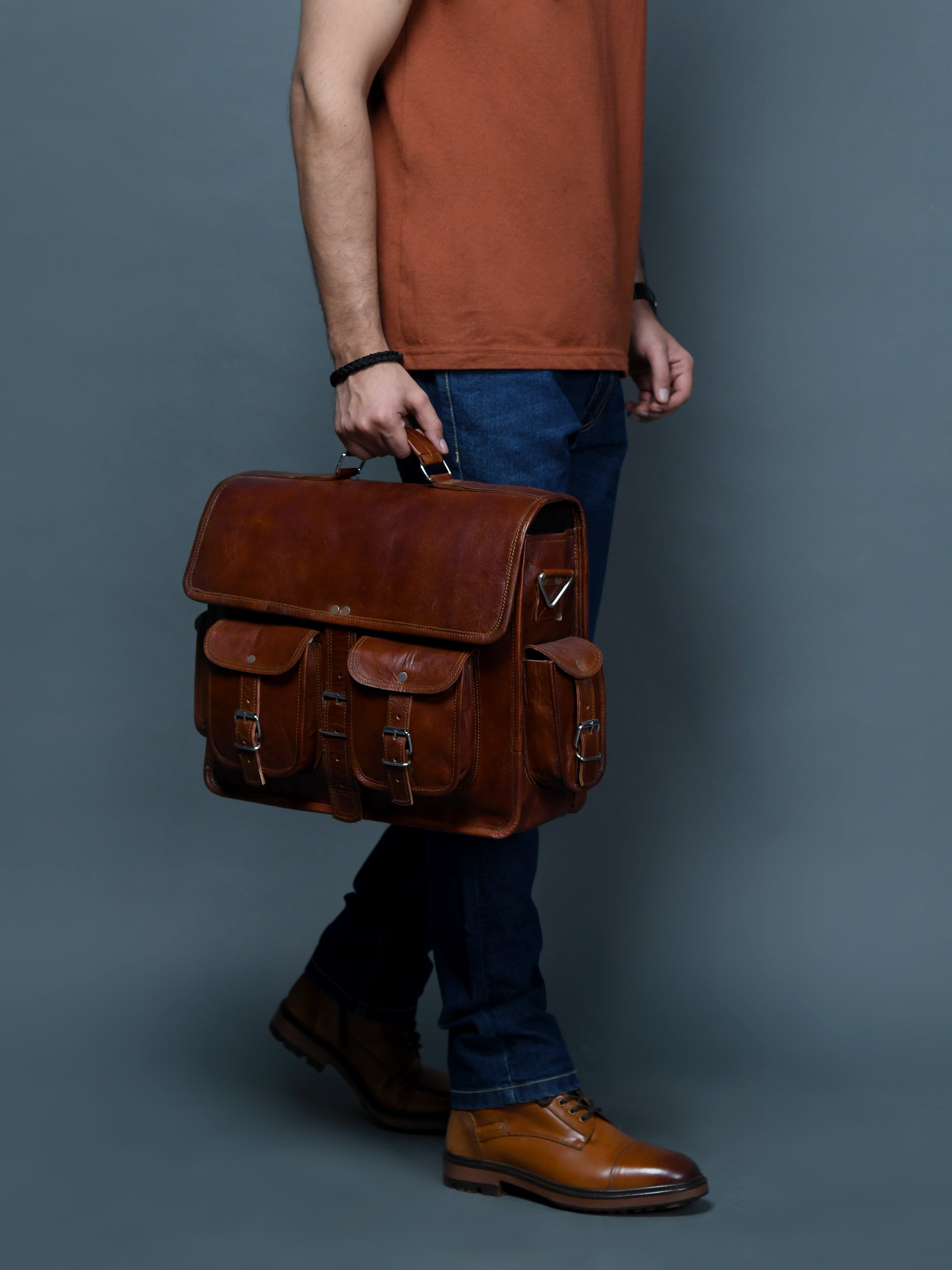 Classic Brown Leather Multi-Pocket Messenger Bag