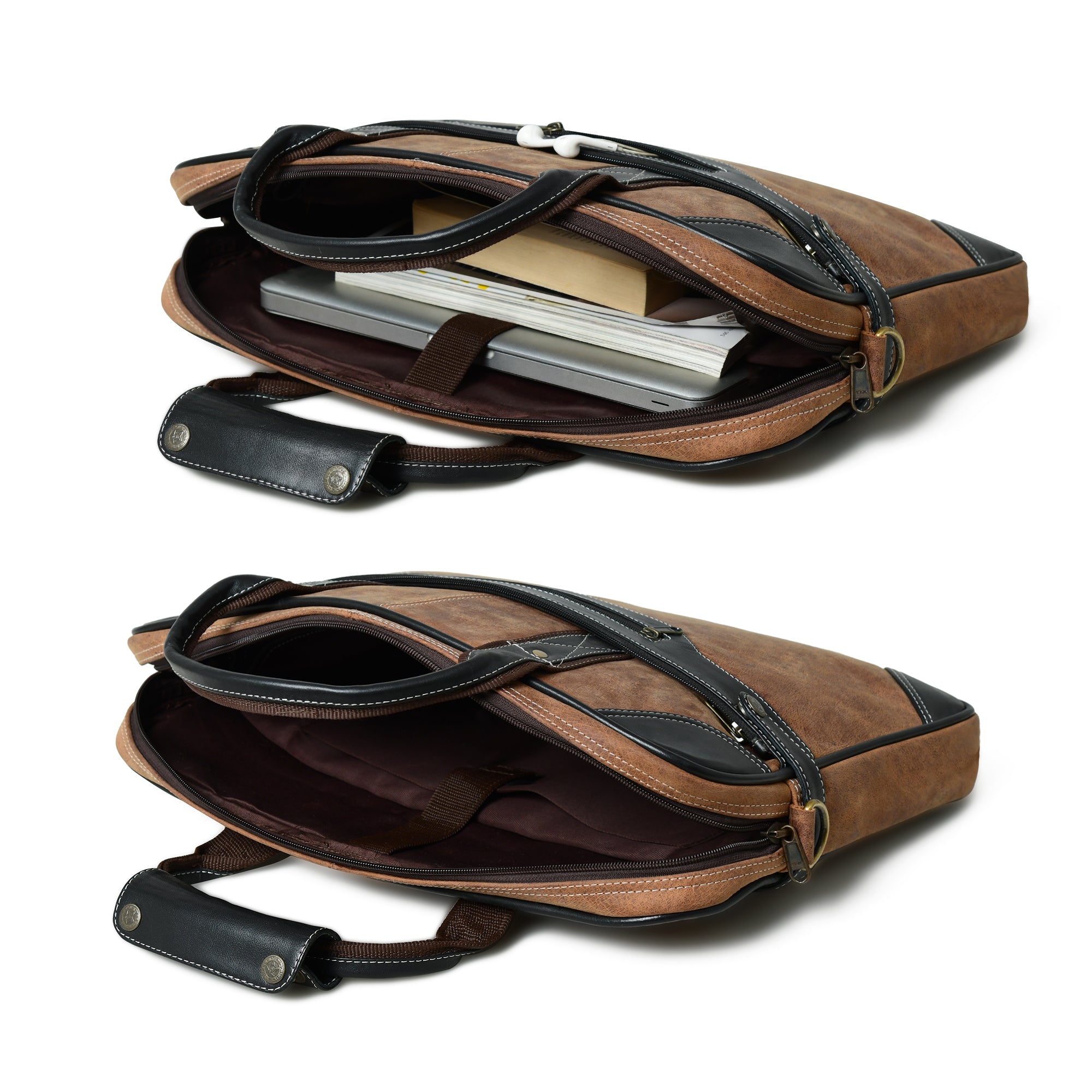 Two-Tone Brown & Black Leather Professional Briefcase