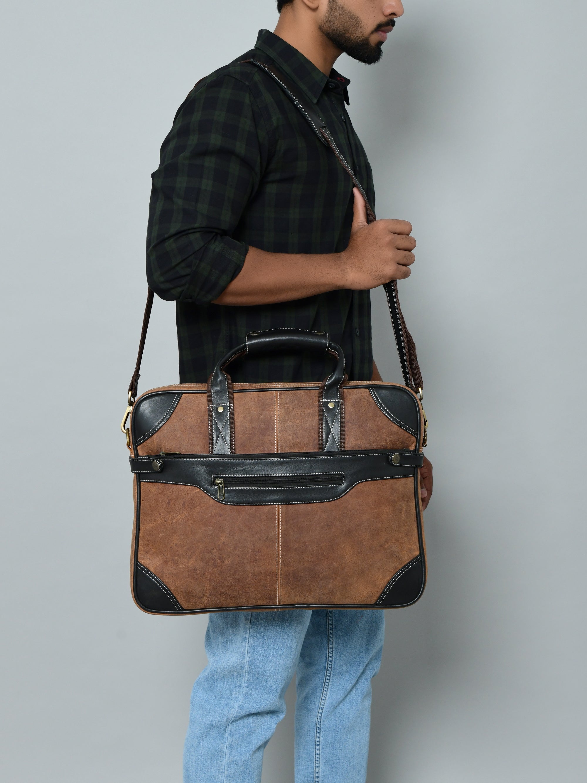 Two-Tone Brown & Black Leather Professional Briefcase