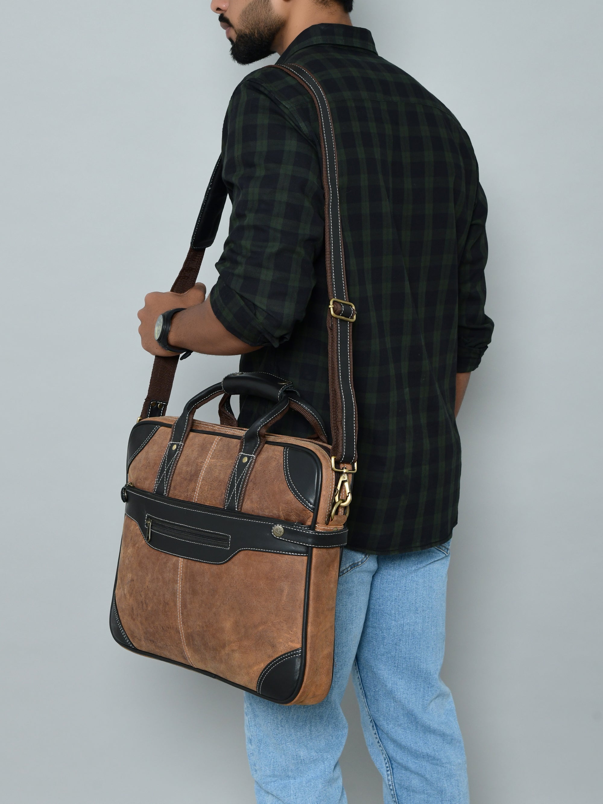 Two-Tone Brown & Black Leather Professional Briefcase