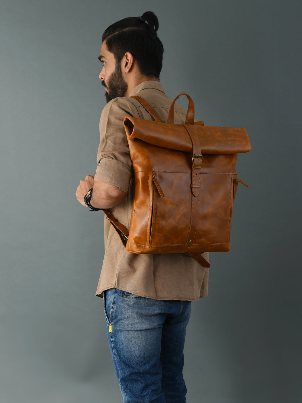 Tan Roll‑Top Leather Backpack