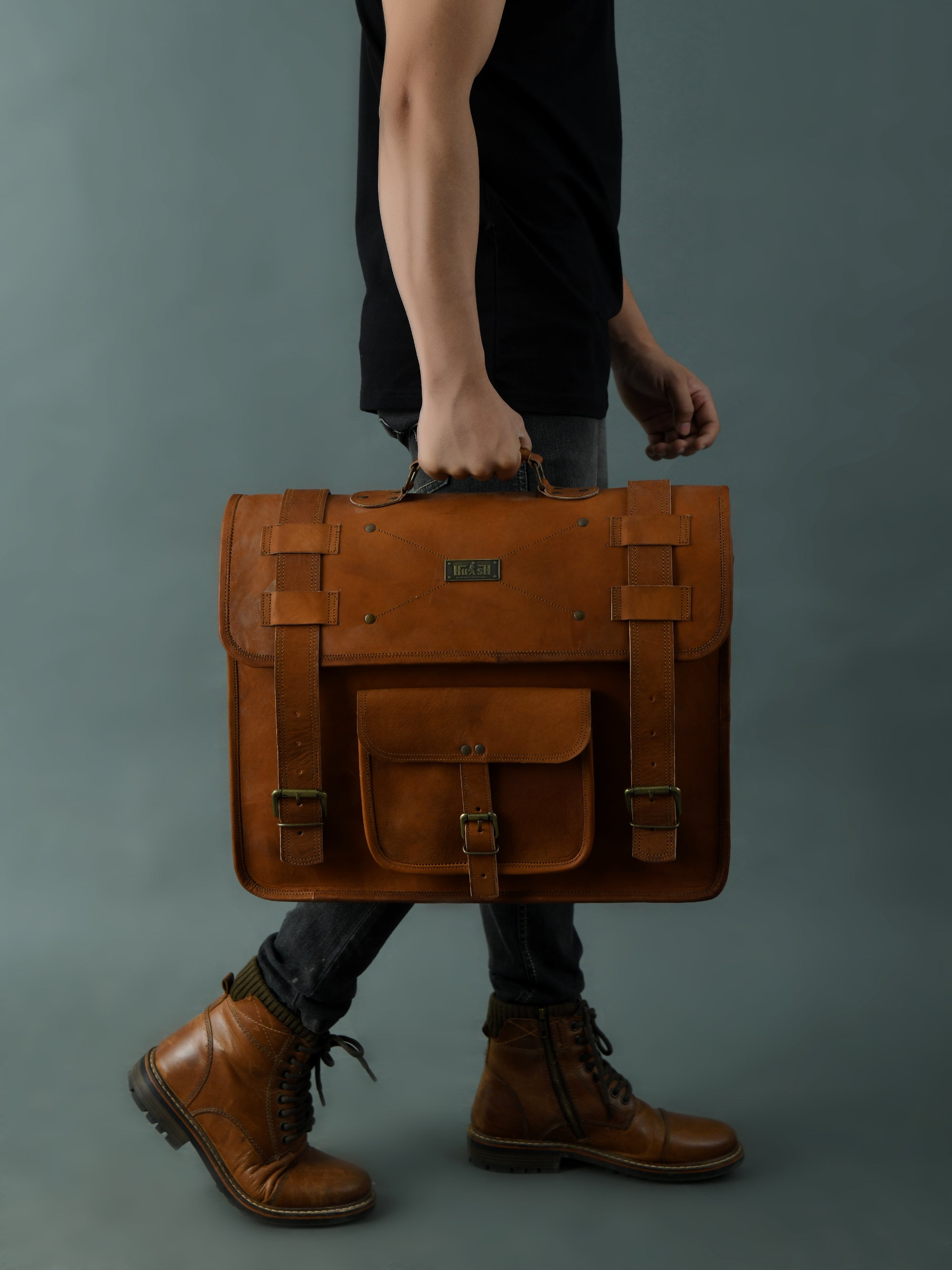 FDM Tan Leather Flap Briefcase