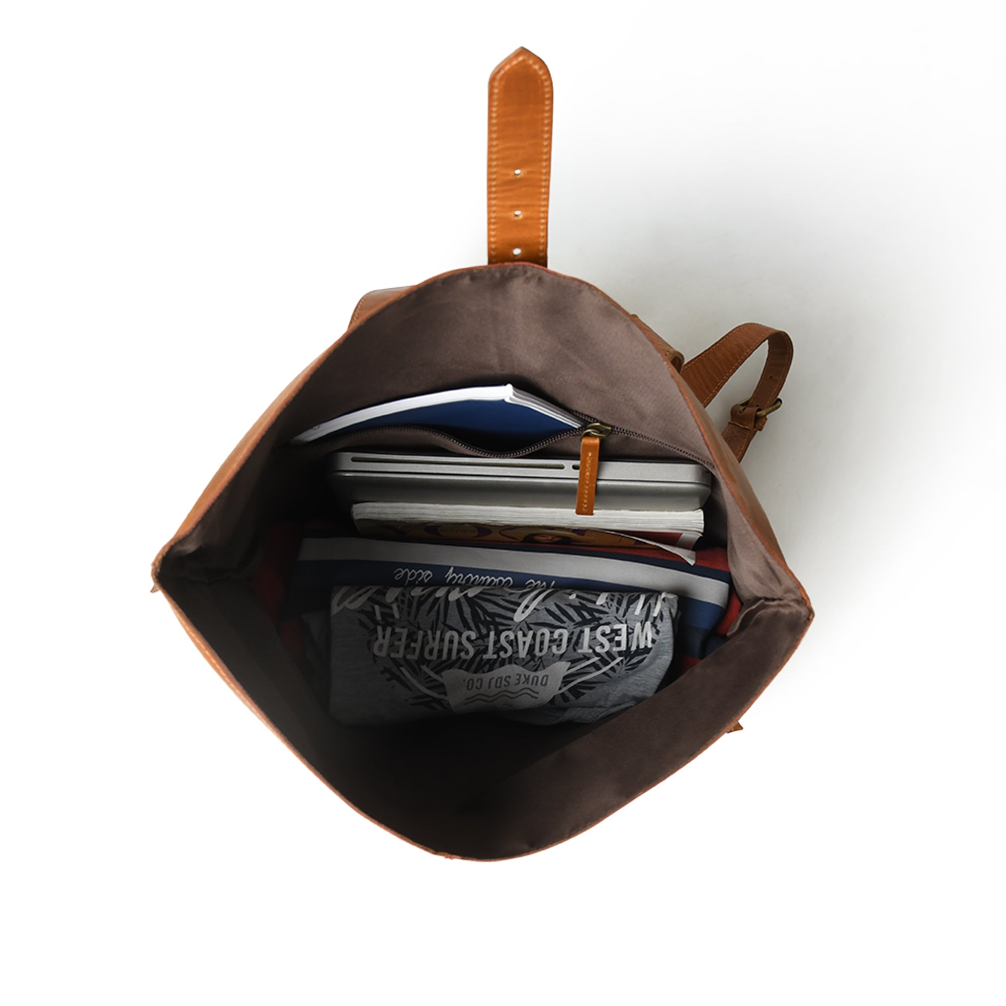 Tan Roll‑Top Leather Backpack