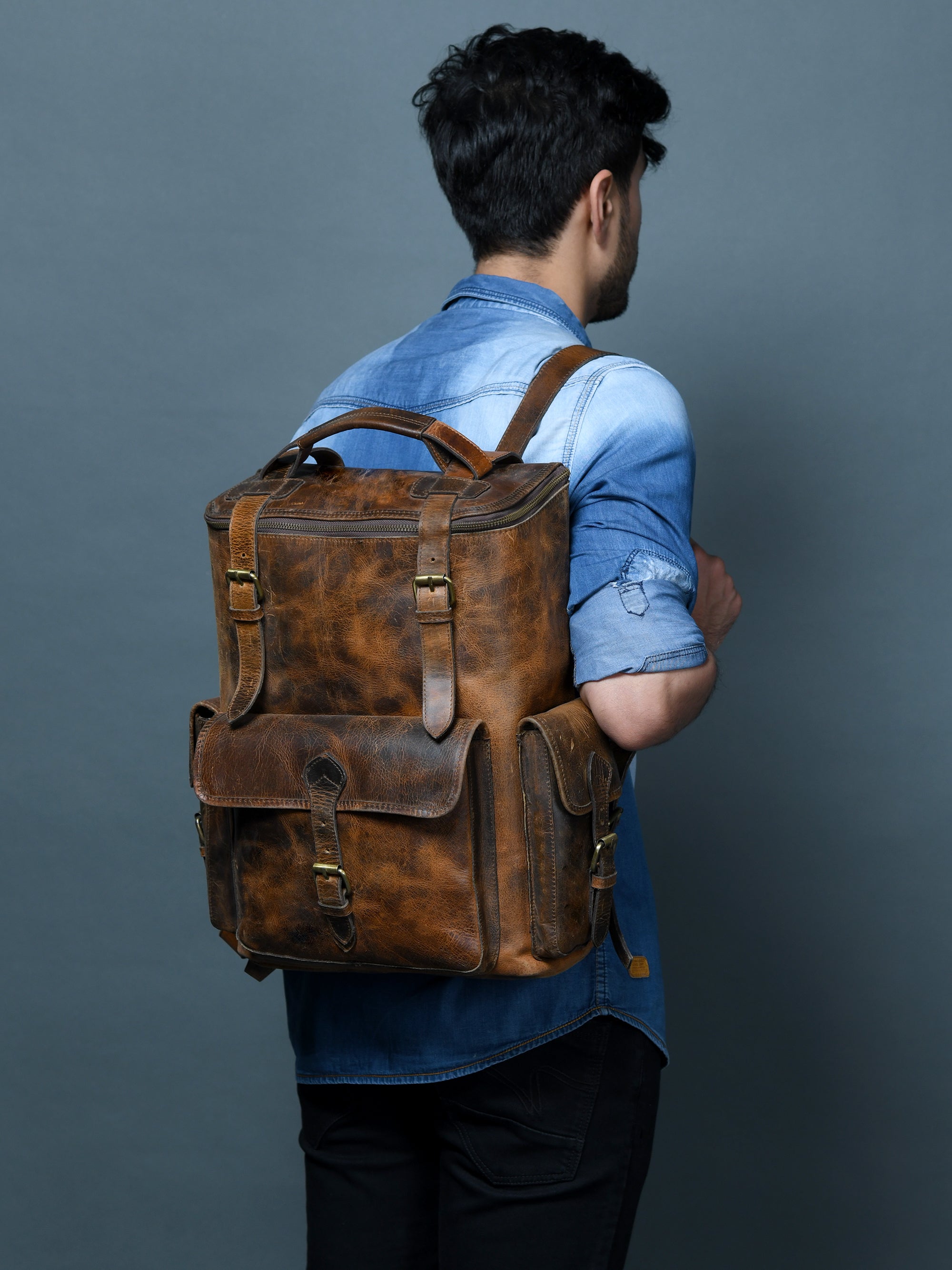 Solar Flare Brown Distressed Leather Backpack