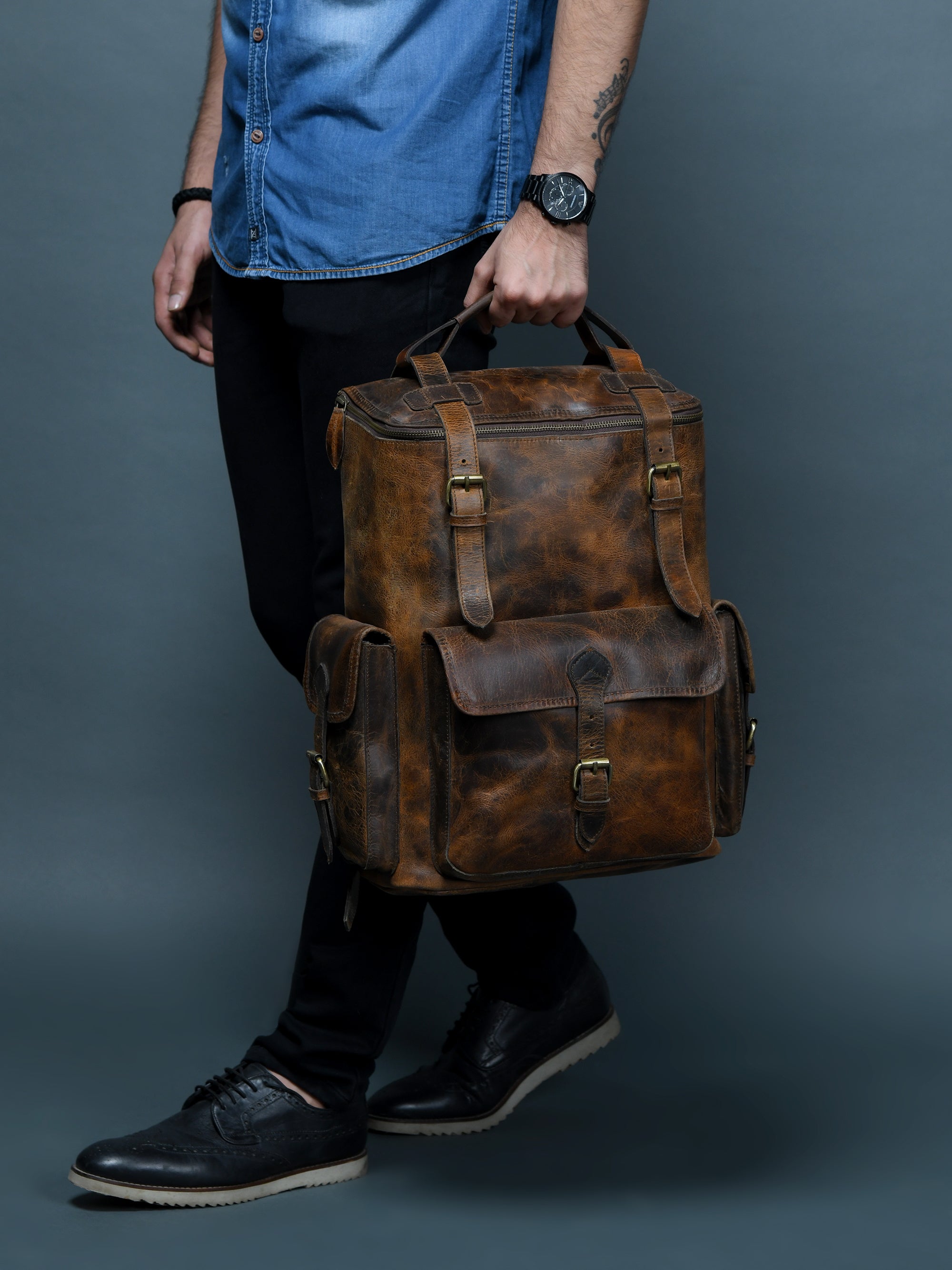 Solar Flare Brown Distressed Leather Backpack
