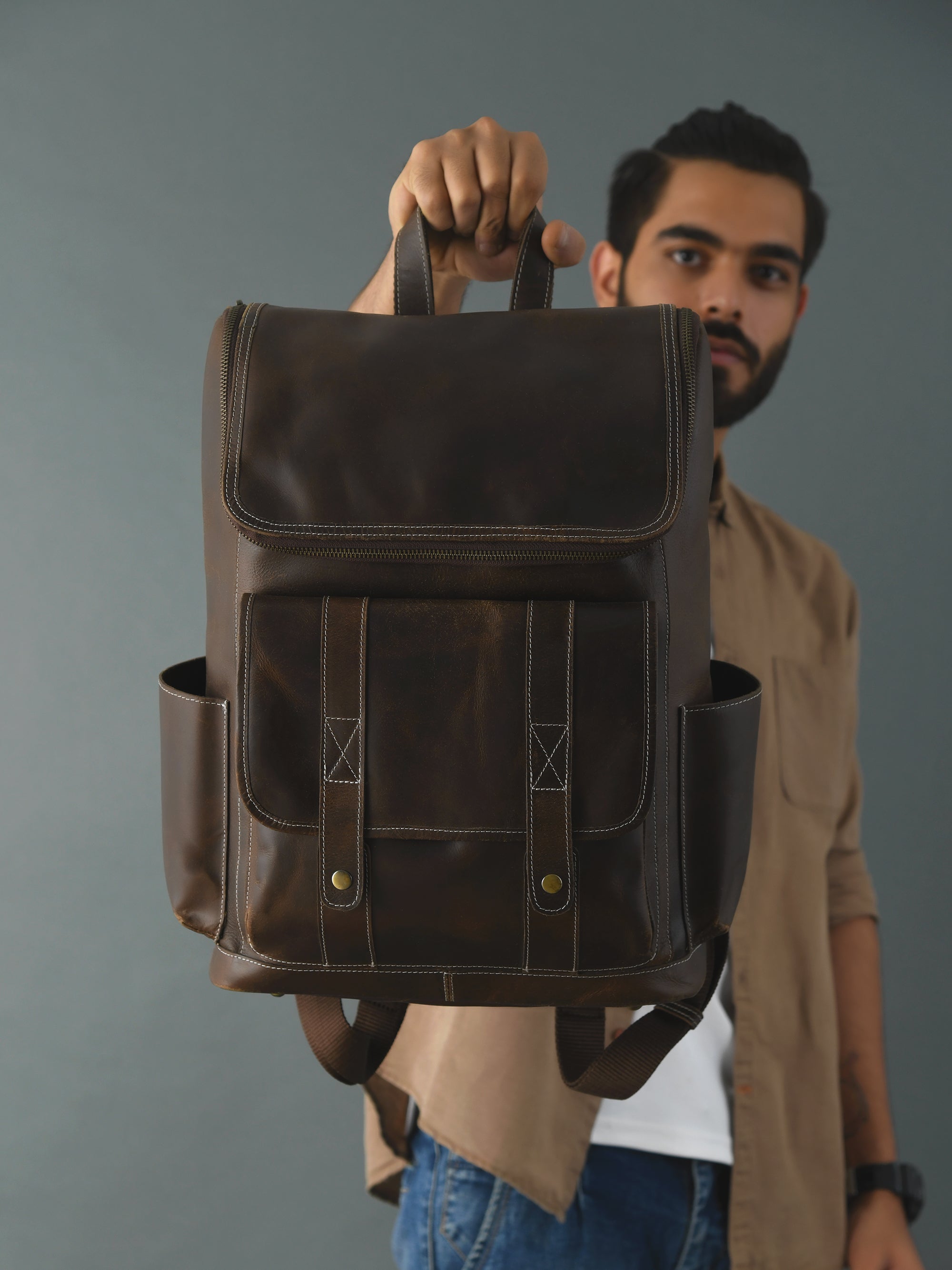 Vintage‑Style Full‑Grain Brown Leather Backpack