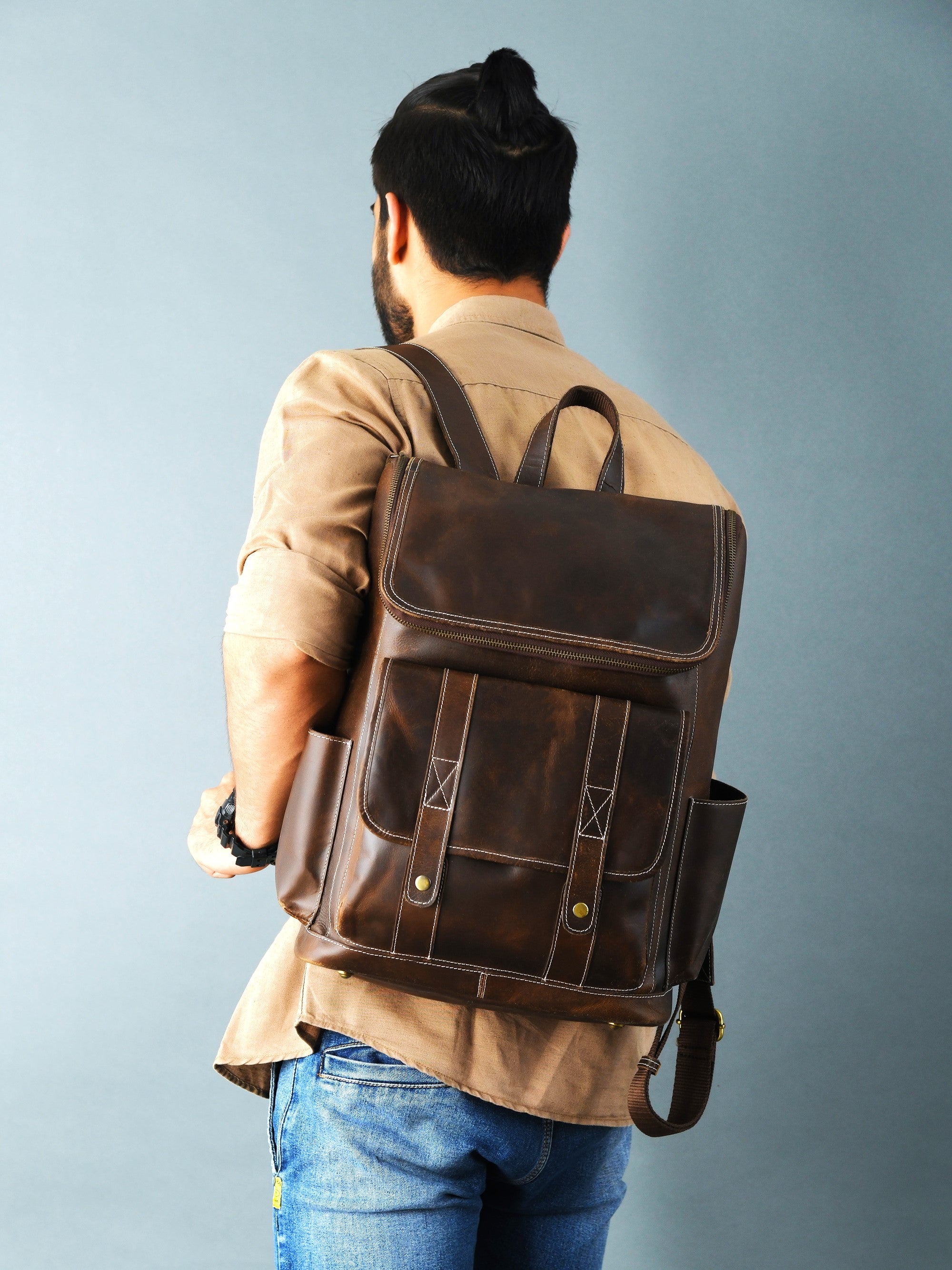 Vintage‑Style Full‑Grain Brown Leather Backpack
