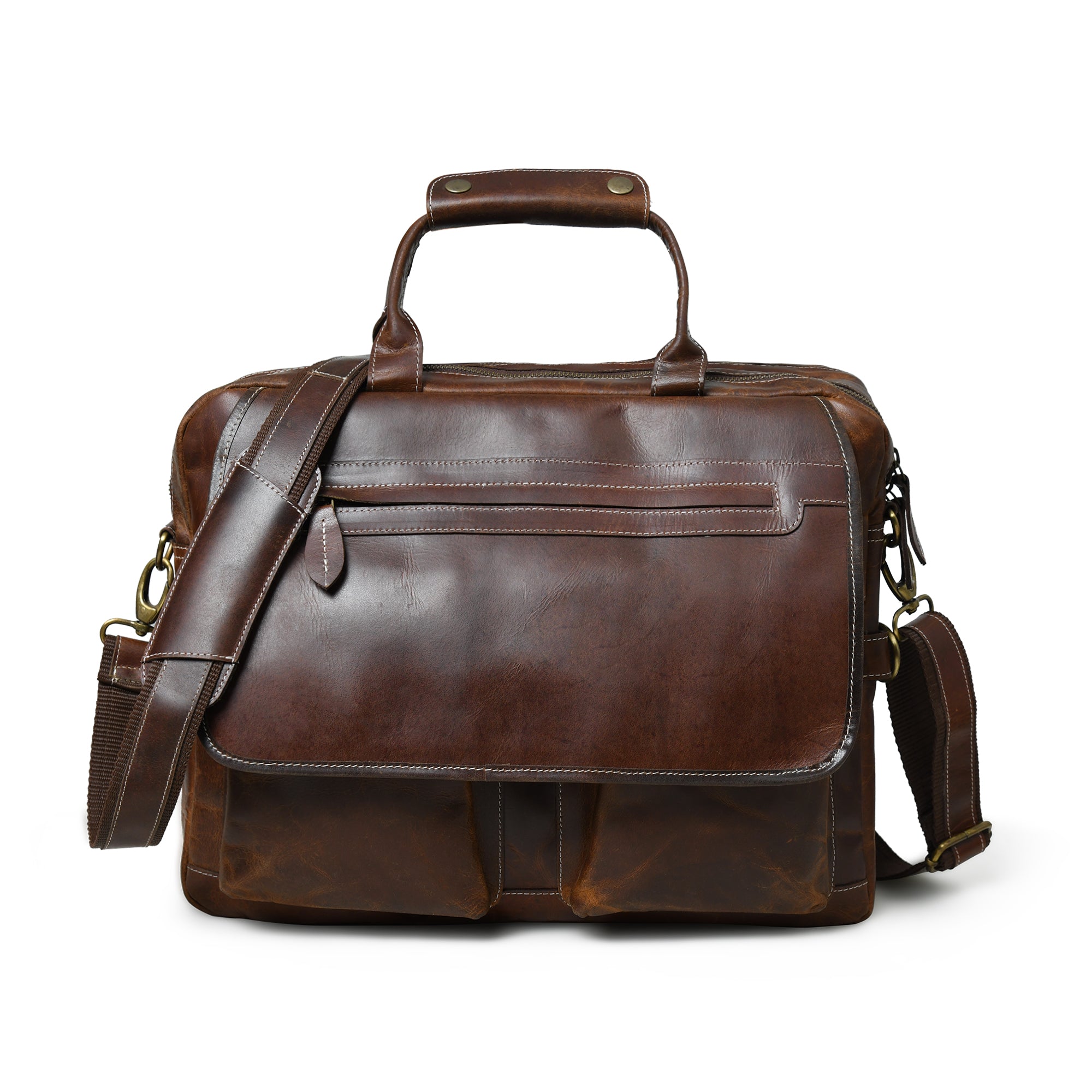 Dark Brown Leather Flap Briefcase with Front Pocket