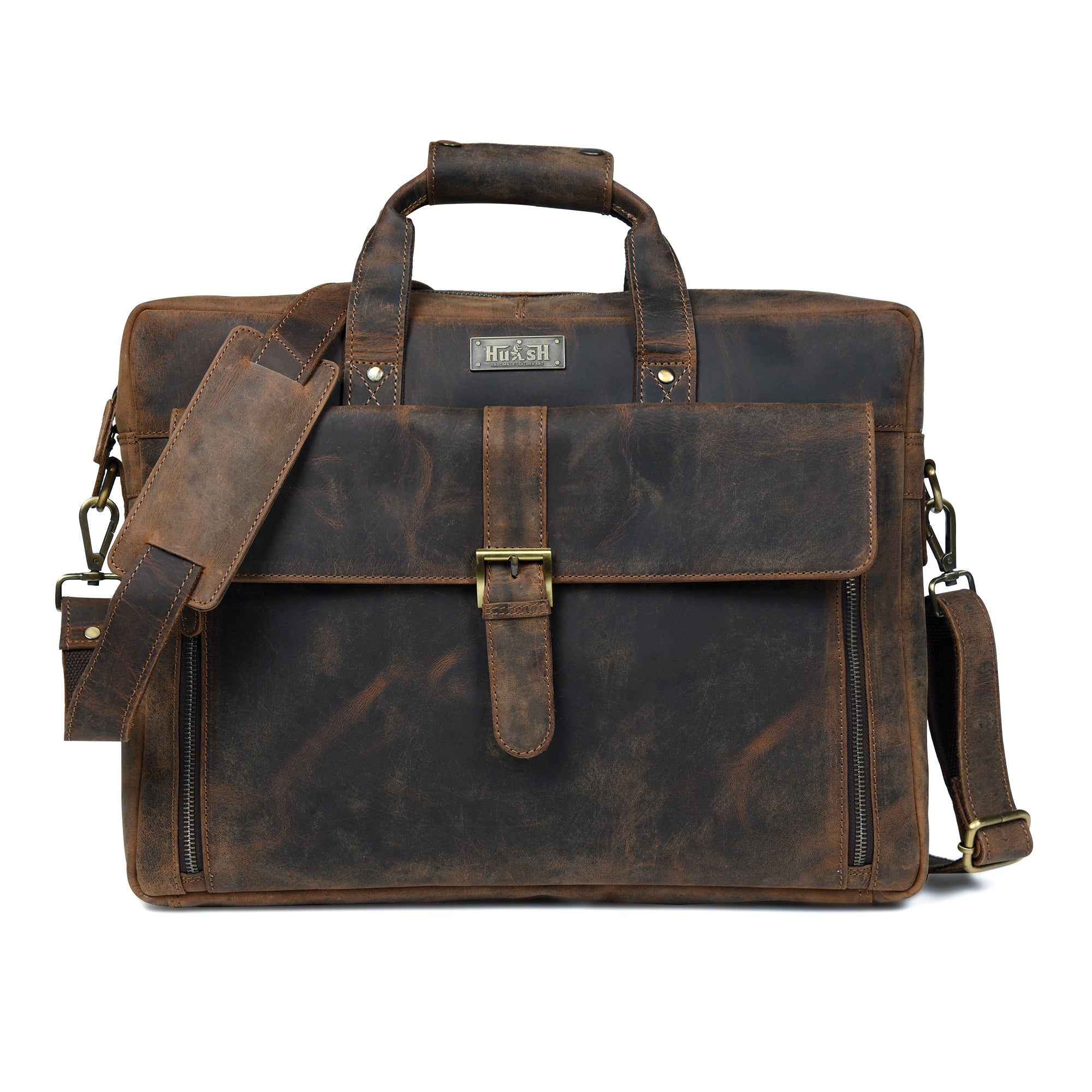 Distressed Dark Brown Leather Flap Briefcase