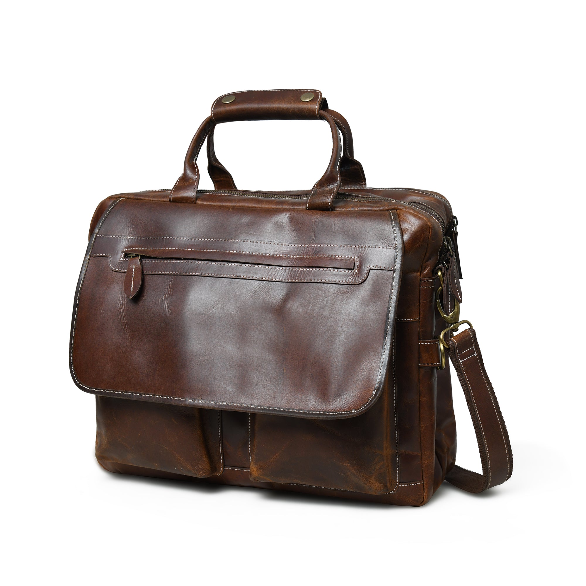 Dark Brown Leather Flap Briefcase with Front Pocket
