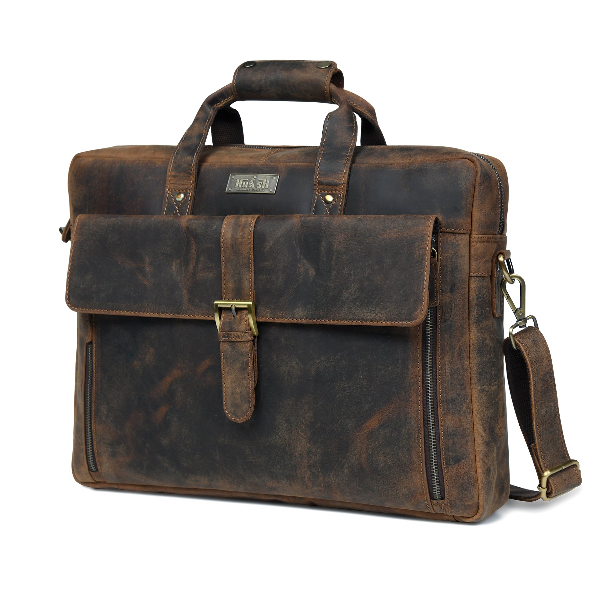 Distressed Dark Brown Leather Flap Briefcase