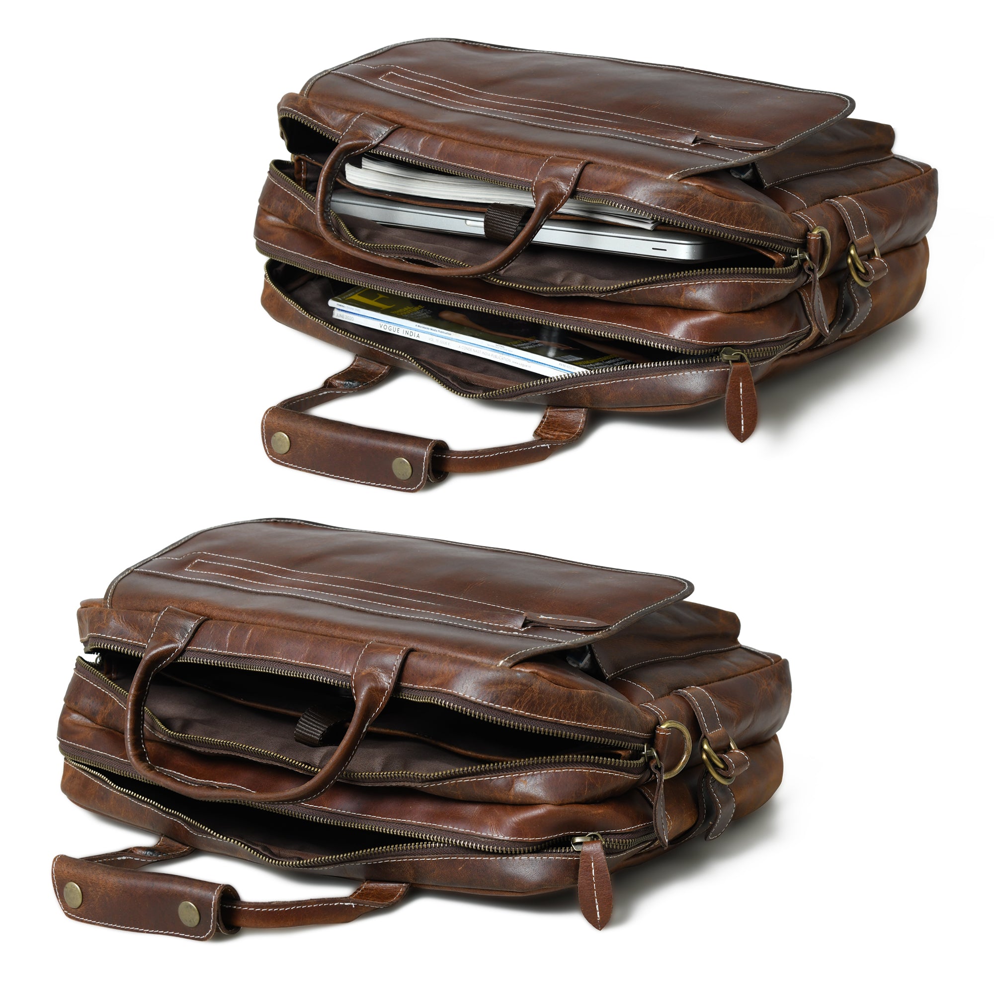 Dark Brown Leather Flap Briefcase with Front Pocket