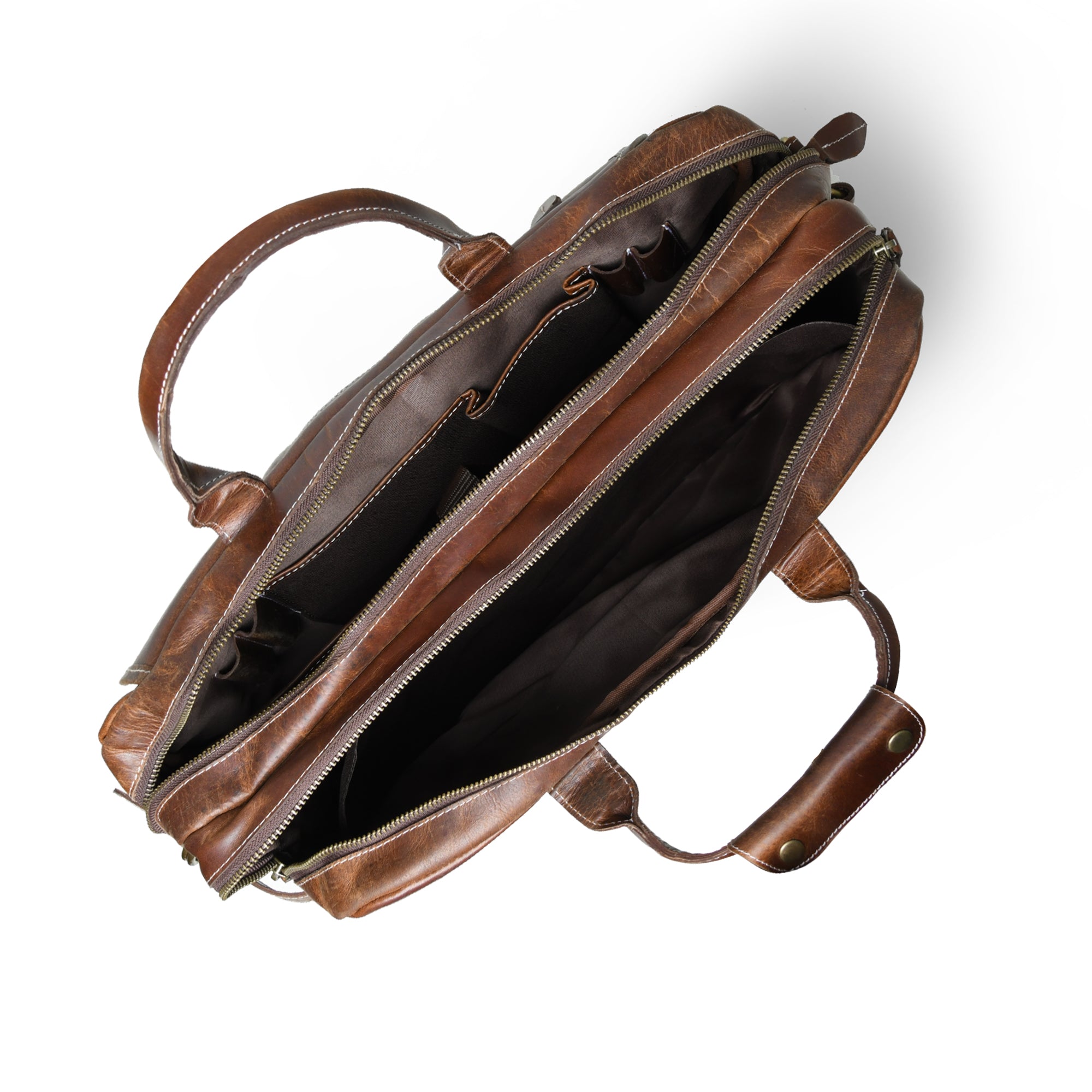 Dark Brown Leather Flap Briefcase with Front Pocket