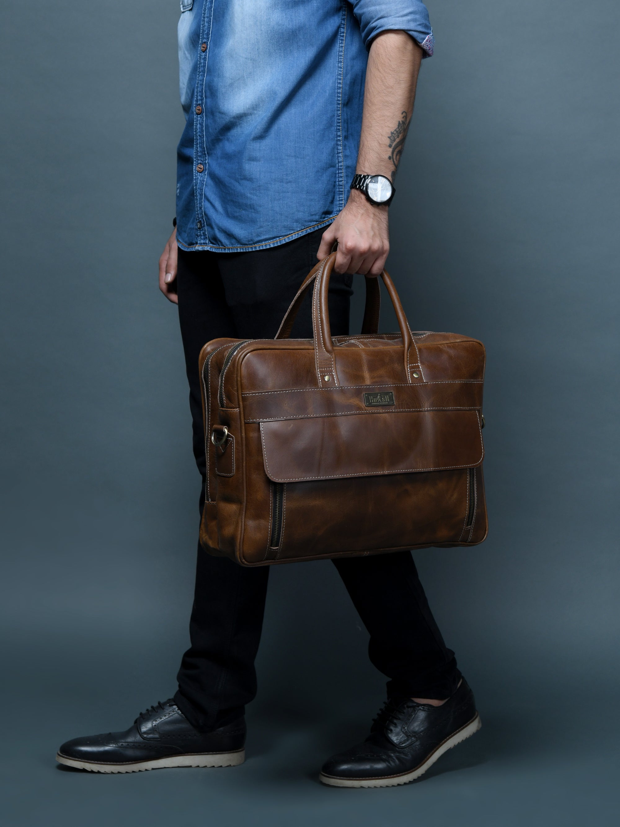 Elegant Dark Brown Leather Flap Briefcase