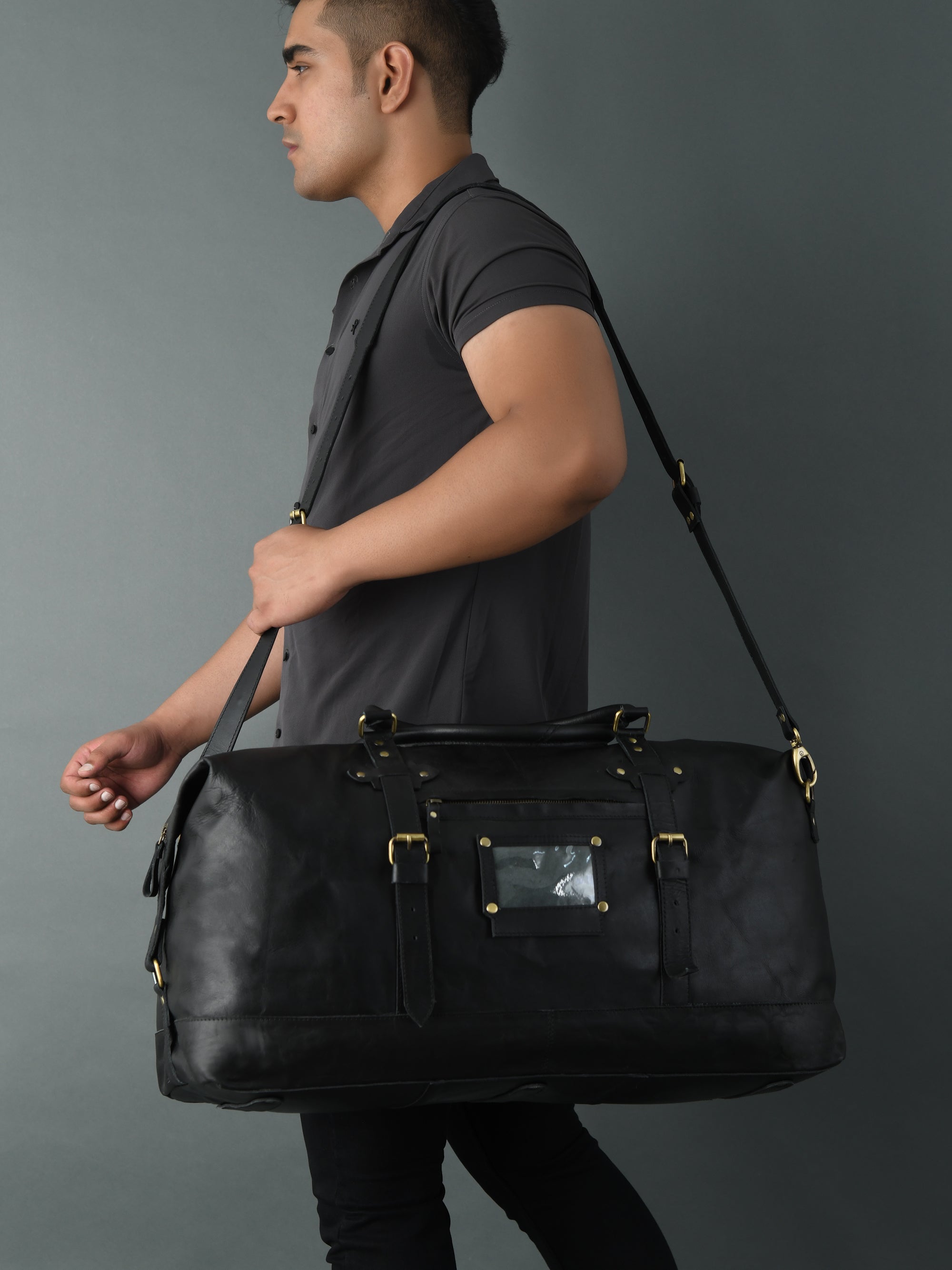 Classic Black Leather Side-Pocket Travel Duffel Bag