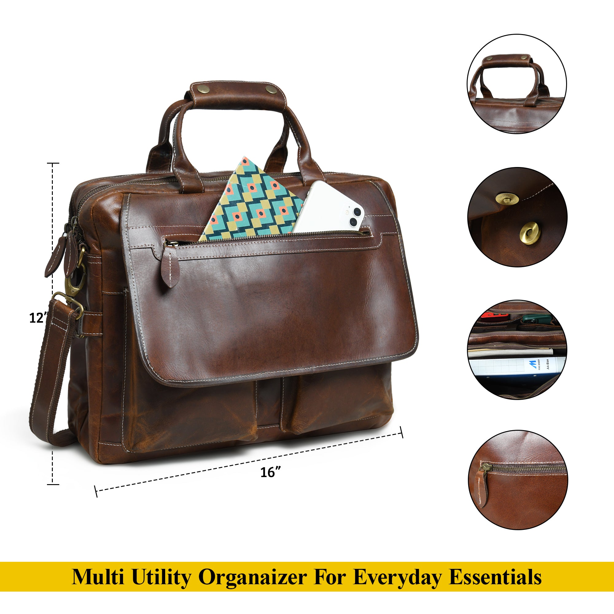 Dark Brown Leather Flap Briefcase with Front Pocket