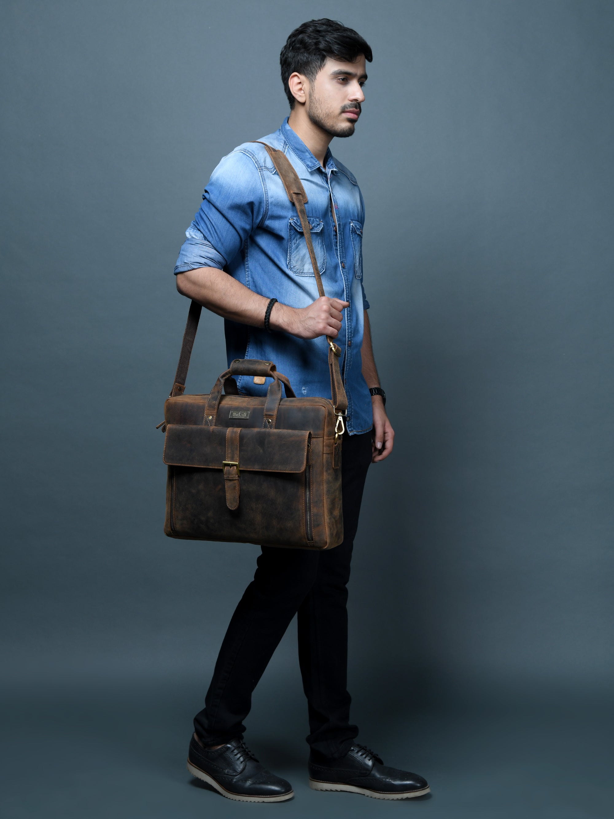 Distressed Dark Brown Leather Flap Briefcase