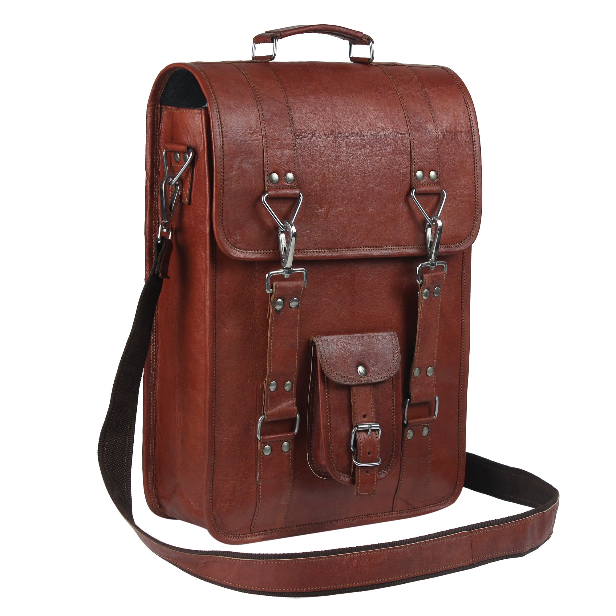 Dark Brown Leather Sling Bag with Steel Cross Buckle