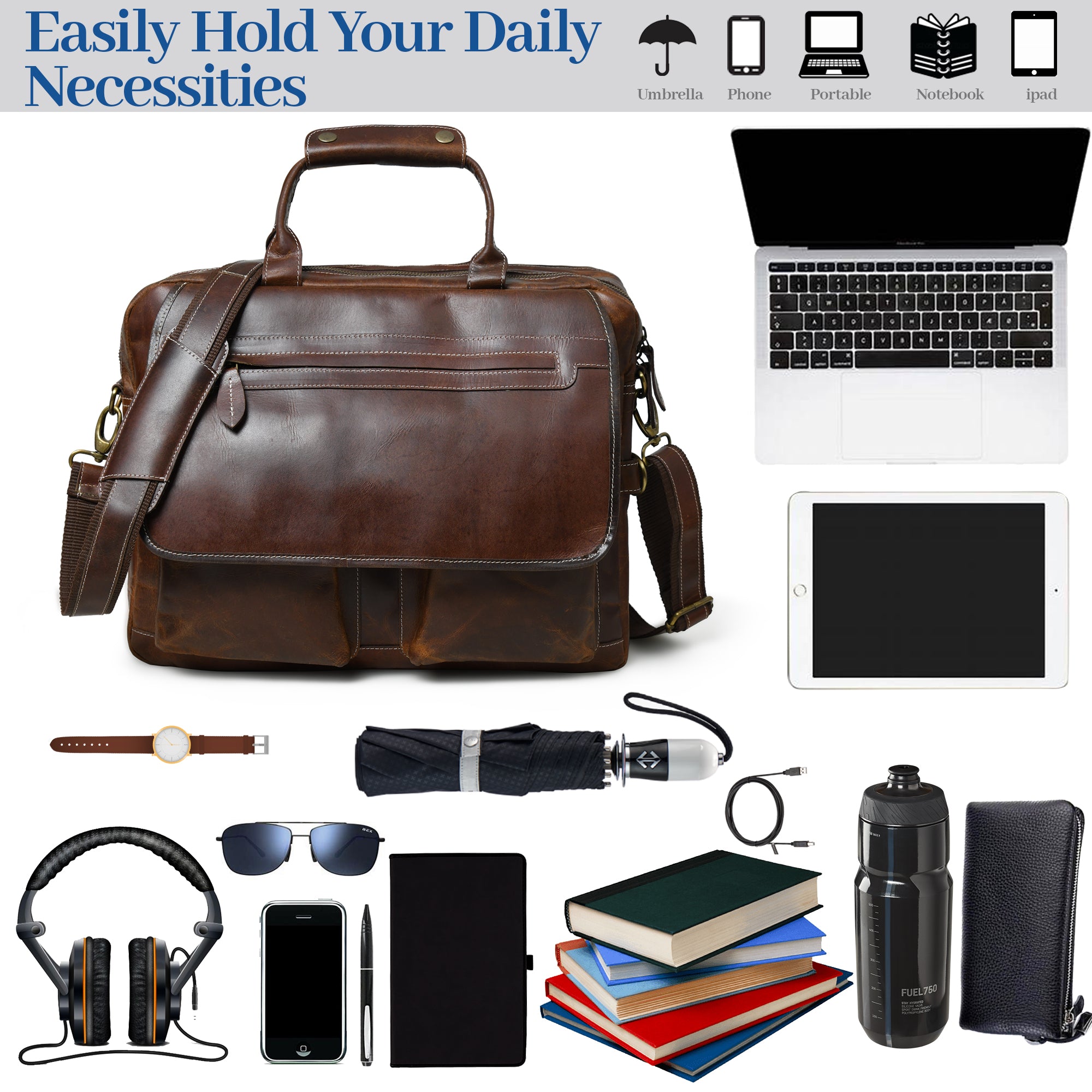 Dark Brown Leather Flap Briefcase with Front Pocket