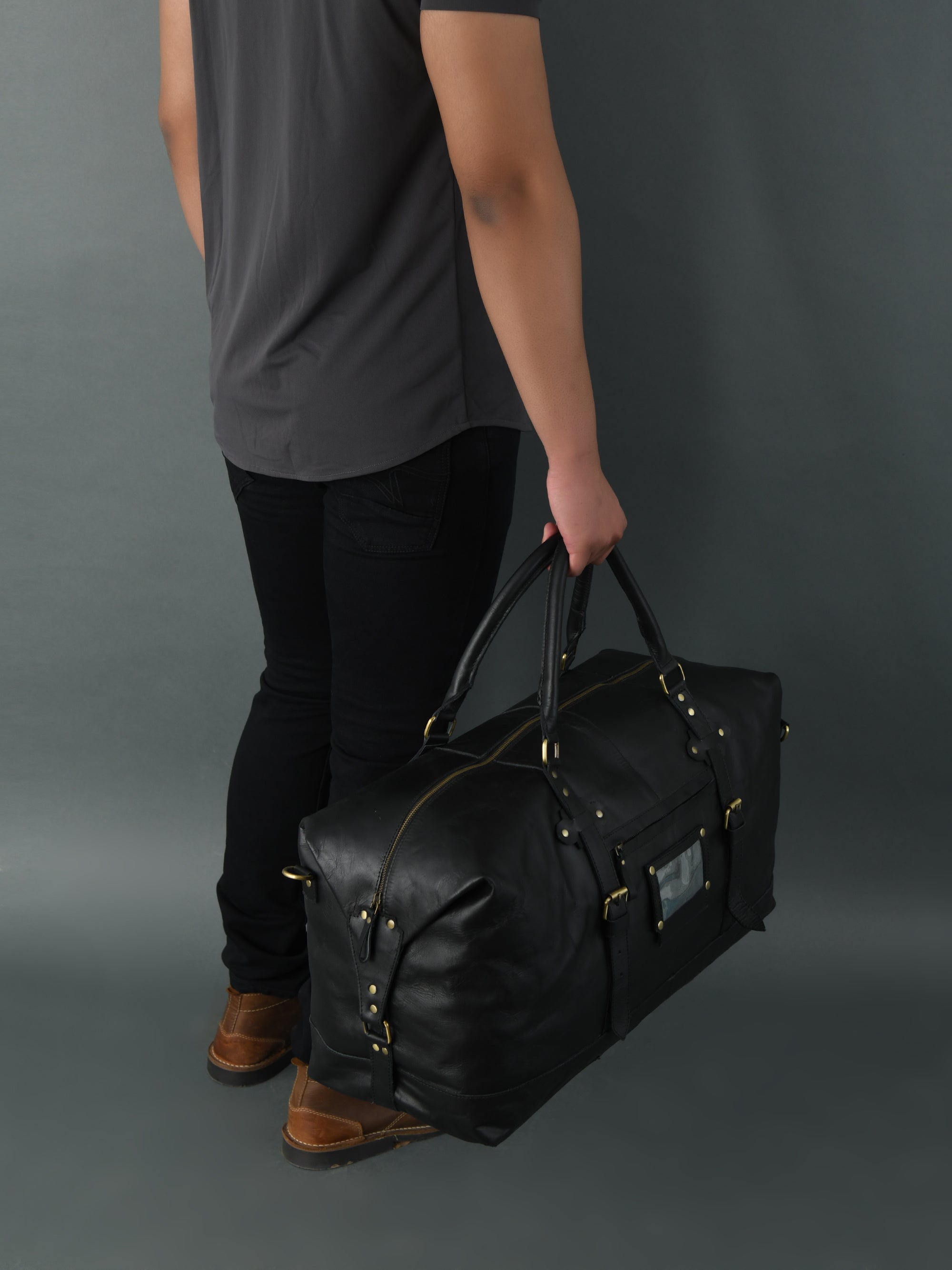 Classic Black Leather Side-Pocket Travel Duffel Bag