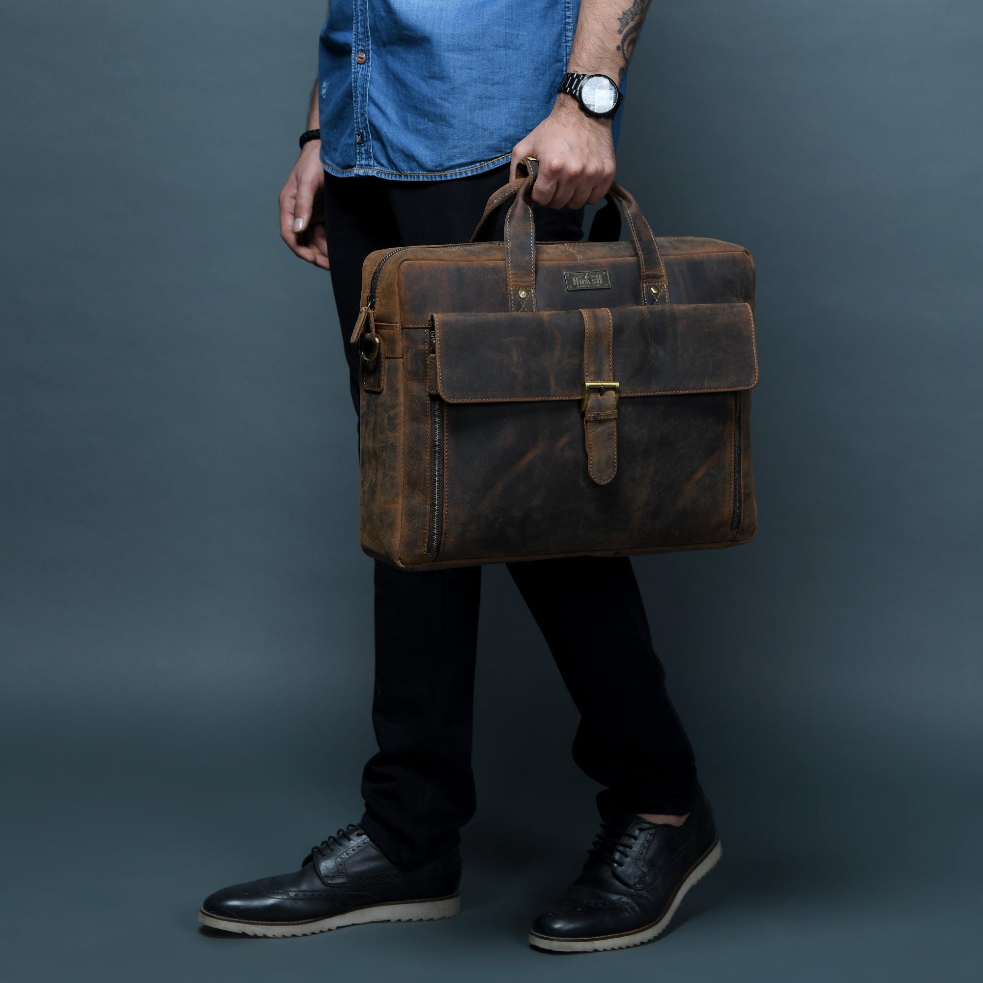 Distressed Dark Brown Leather Flap Briefcase