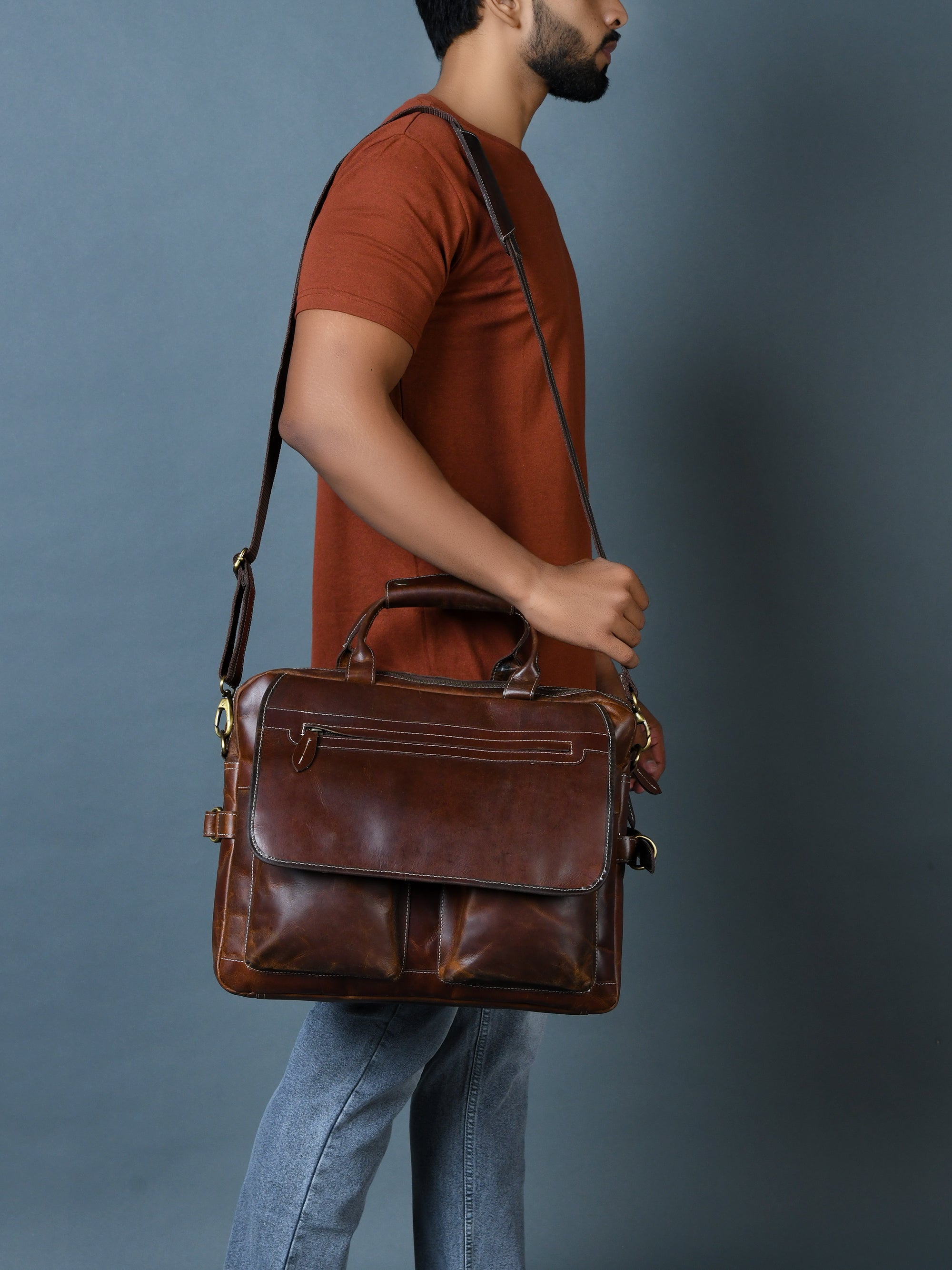 Dark Brown Leather Flap Briefcase with Front Pocket