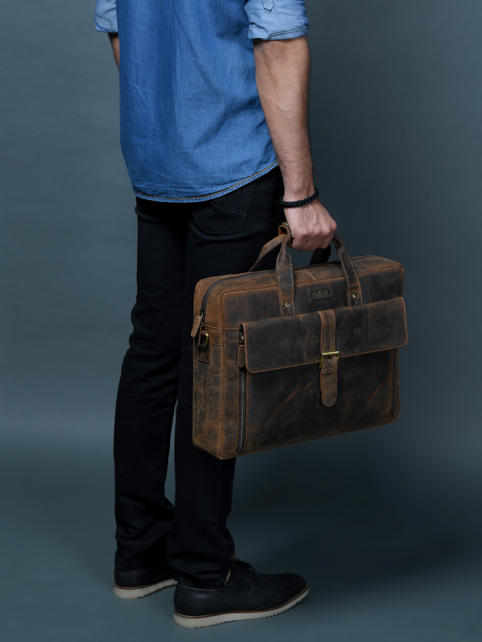 Distressed Dark Brown Leather Flap Briefcase