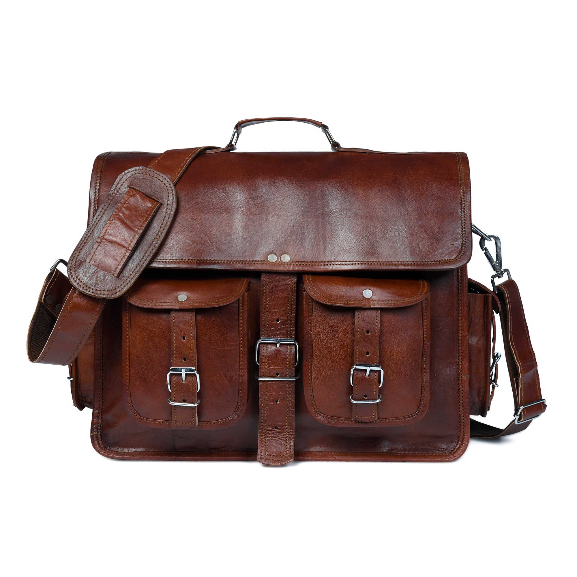 Classic Brown Leather Multi-Pocket Messenger Bag