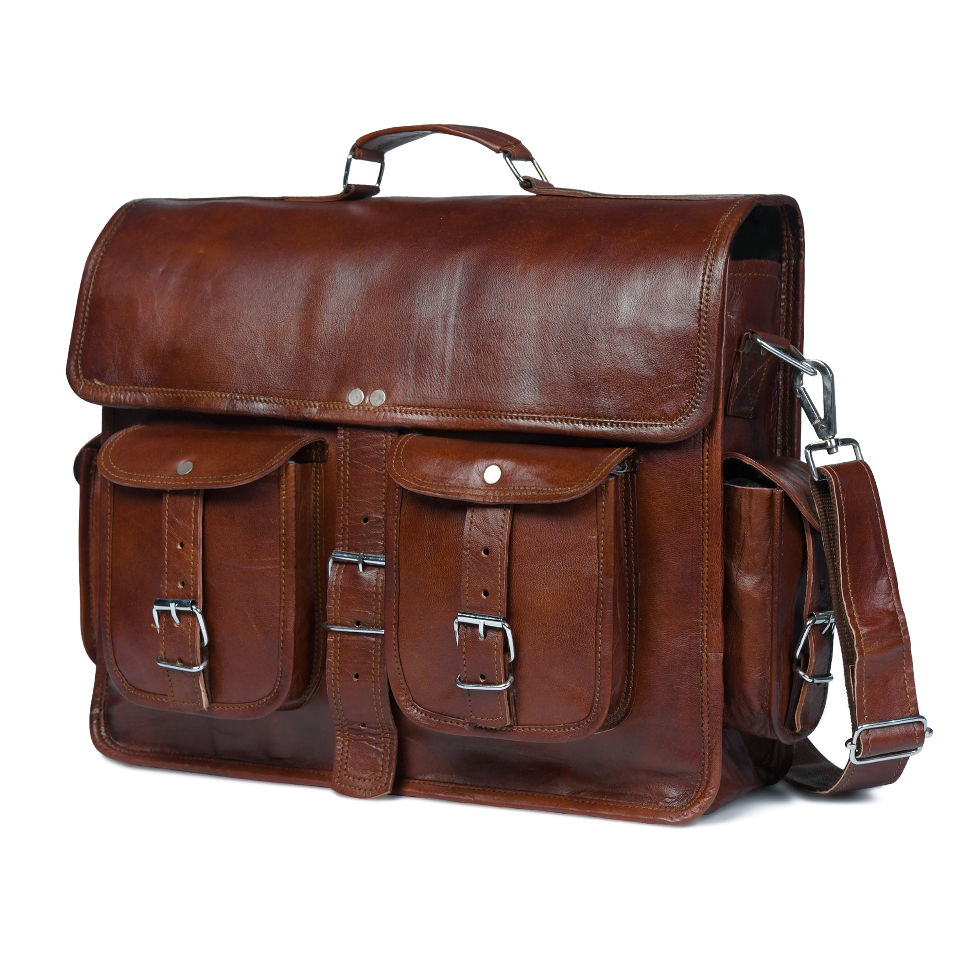 Classic Brown Leather Multi-Pocket Messenger Bag