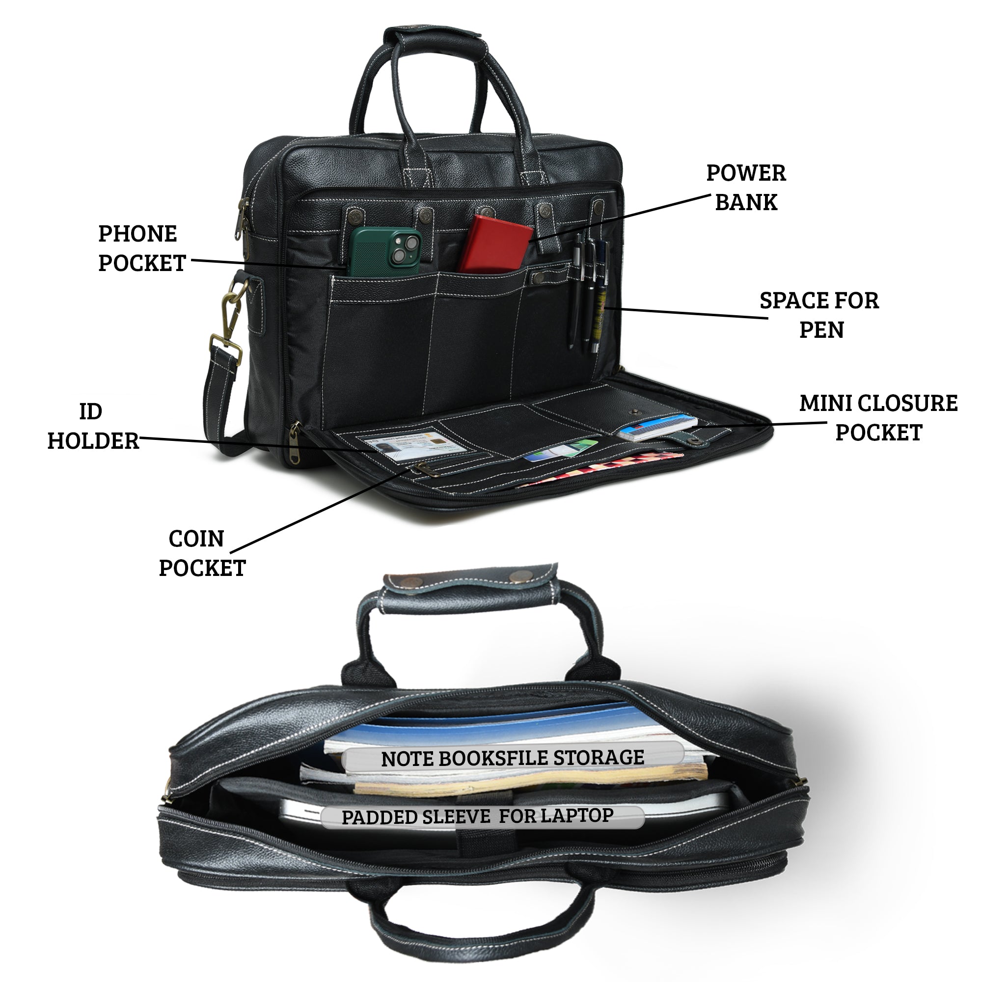 Stylish Black Grain Leather Briefcase