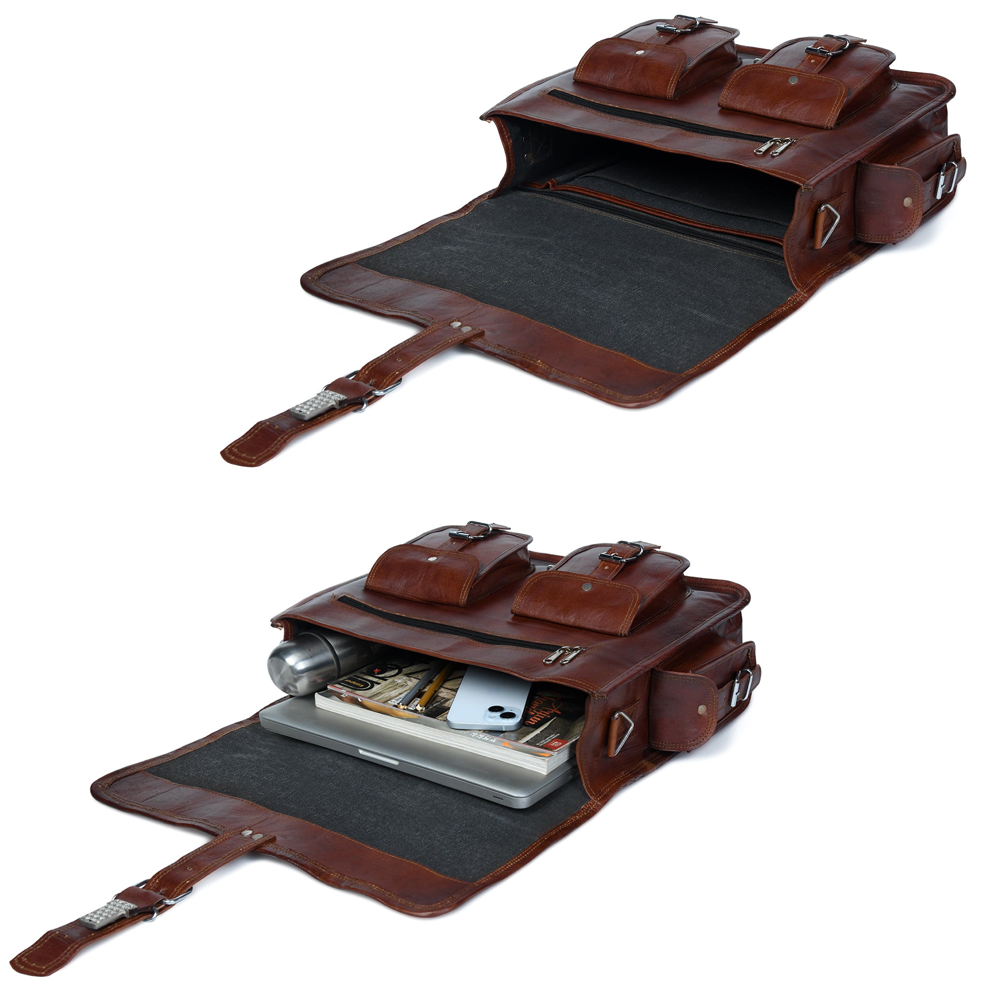 Classic Brown Leather Multi-Pocket Messenger Bag