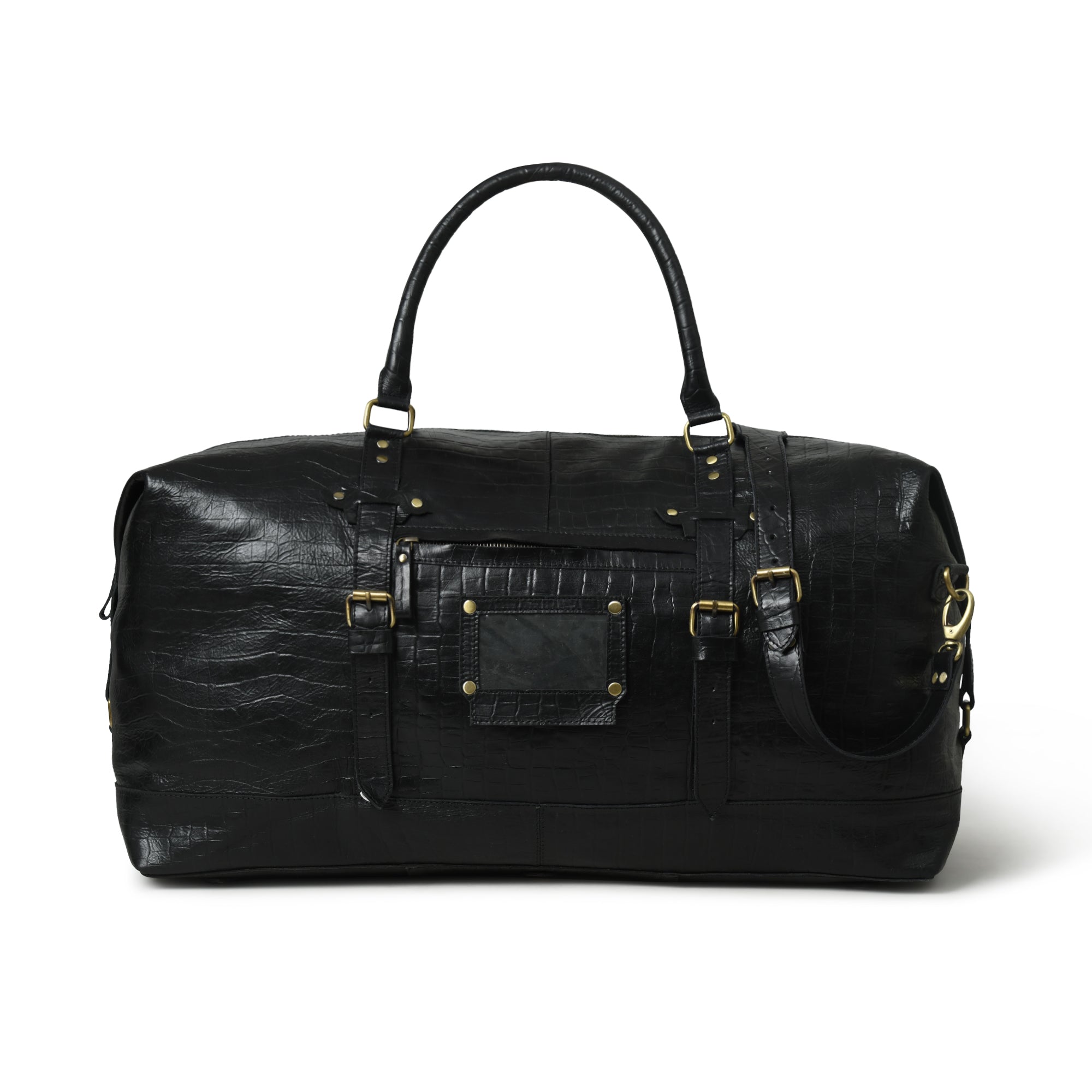 Luxury Black Croc-Embossed Leather Travel Duffel Bag