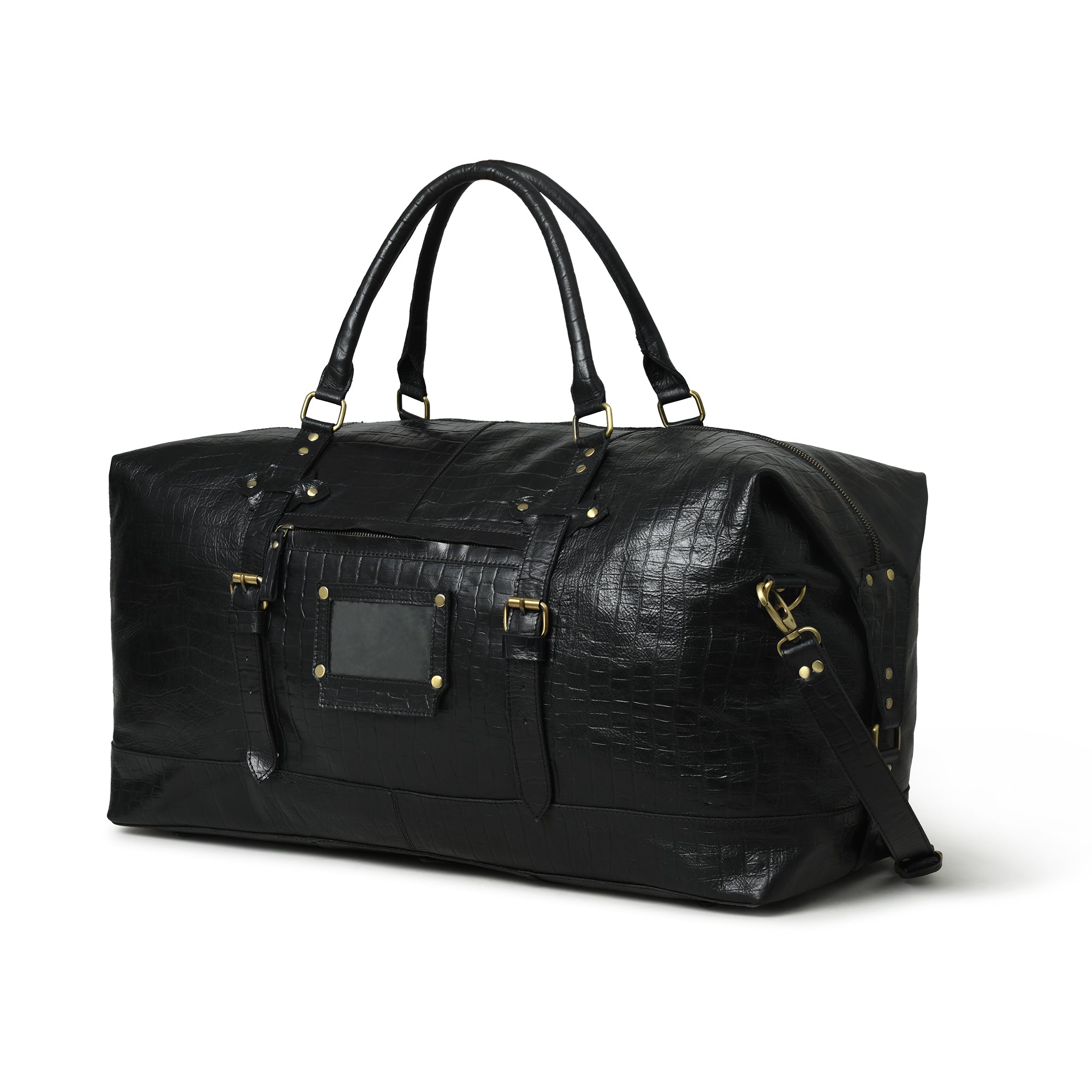 Luxury Black Croc-Embossed Leather Travel Duffel Bag