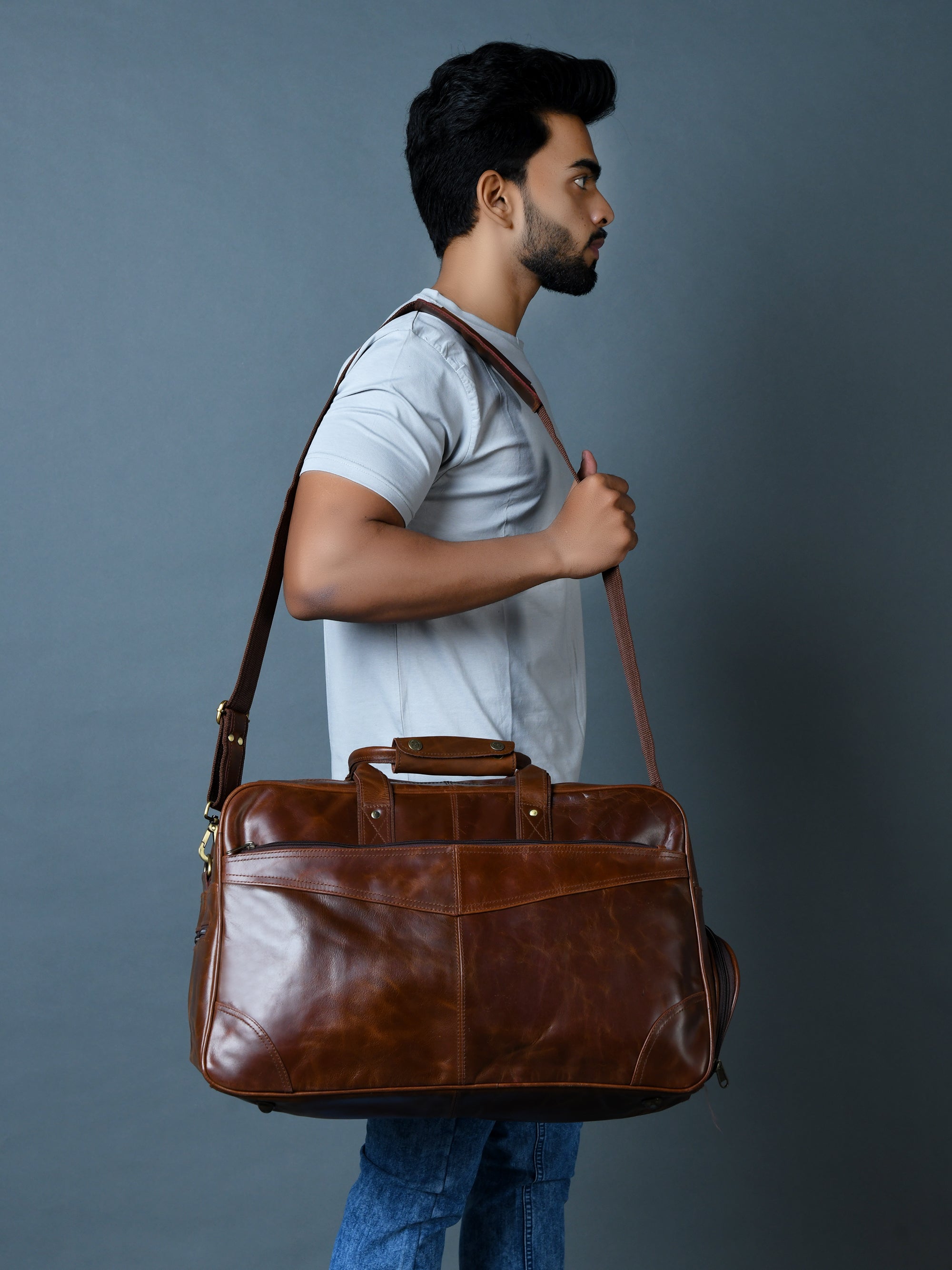 Classic Dark Brown Leather Travel Duffel Bag