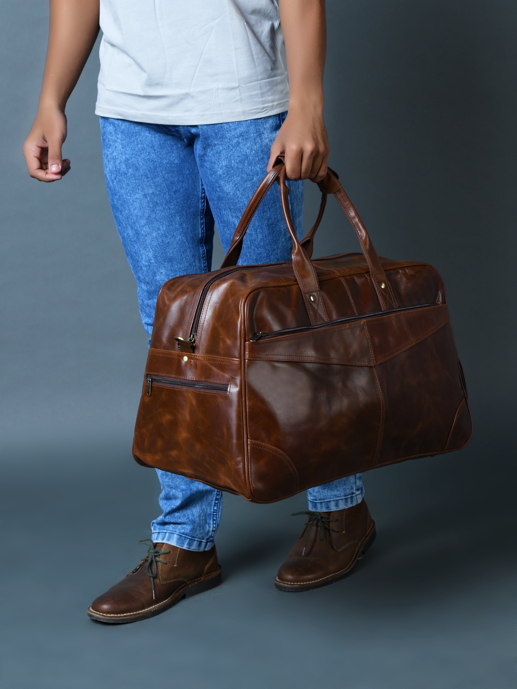 Classic Dark Brown Leather Travel Duffel Bag
