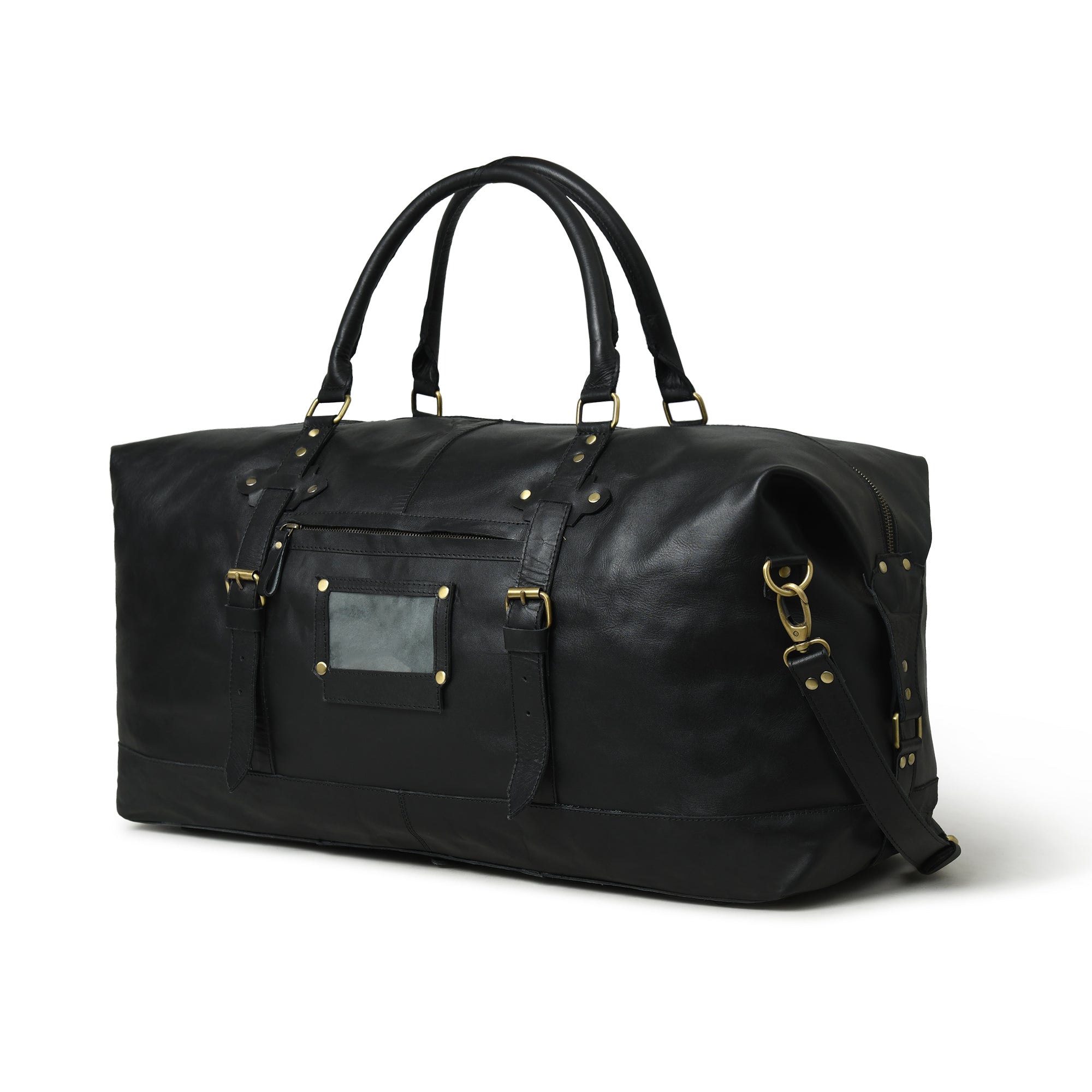 Classic Black Leather Side-Pocket Travel Duffel Bag