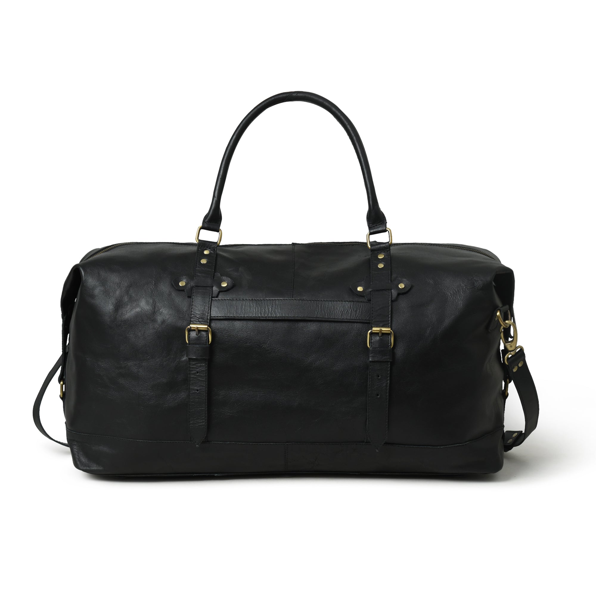 Classic Black Leather Side-Pocket Travel Duffel Bag