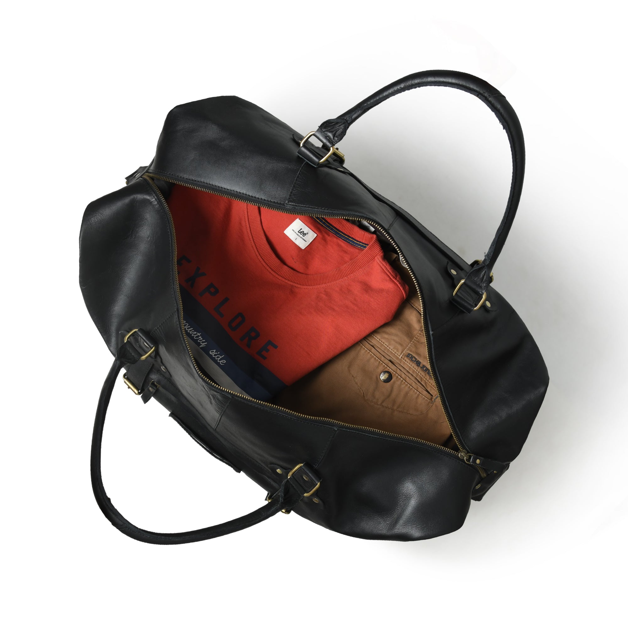 Classic Black Leather Side-Pocket Travel Duffel Bag