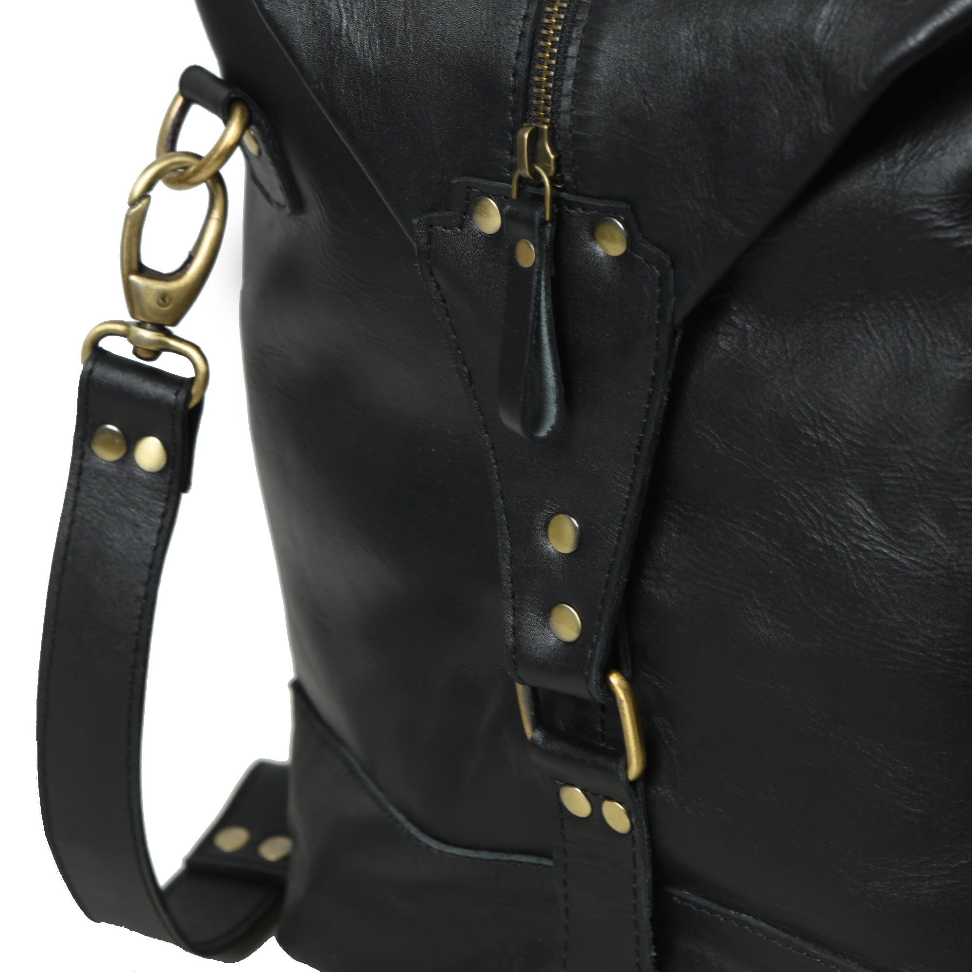 Classic Black Leather Side-Pocket Travel Duffel Bag