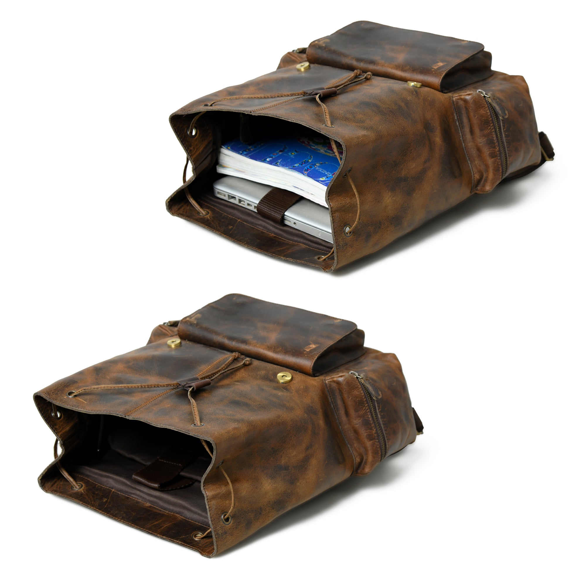 Vintage Brown Leather Roll Top Backpack