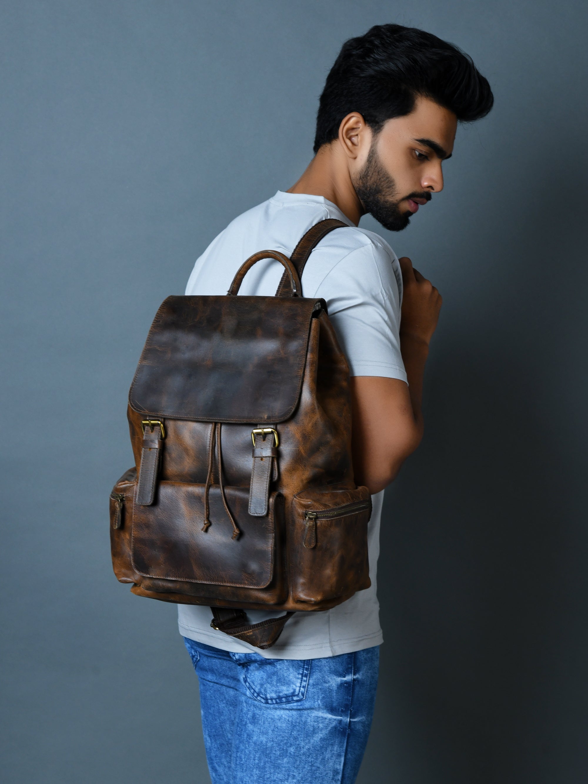 Vintage Brown Leather Roll Top Backpack
