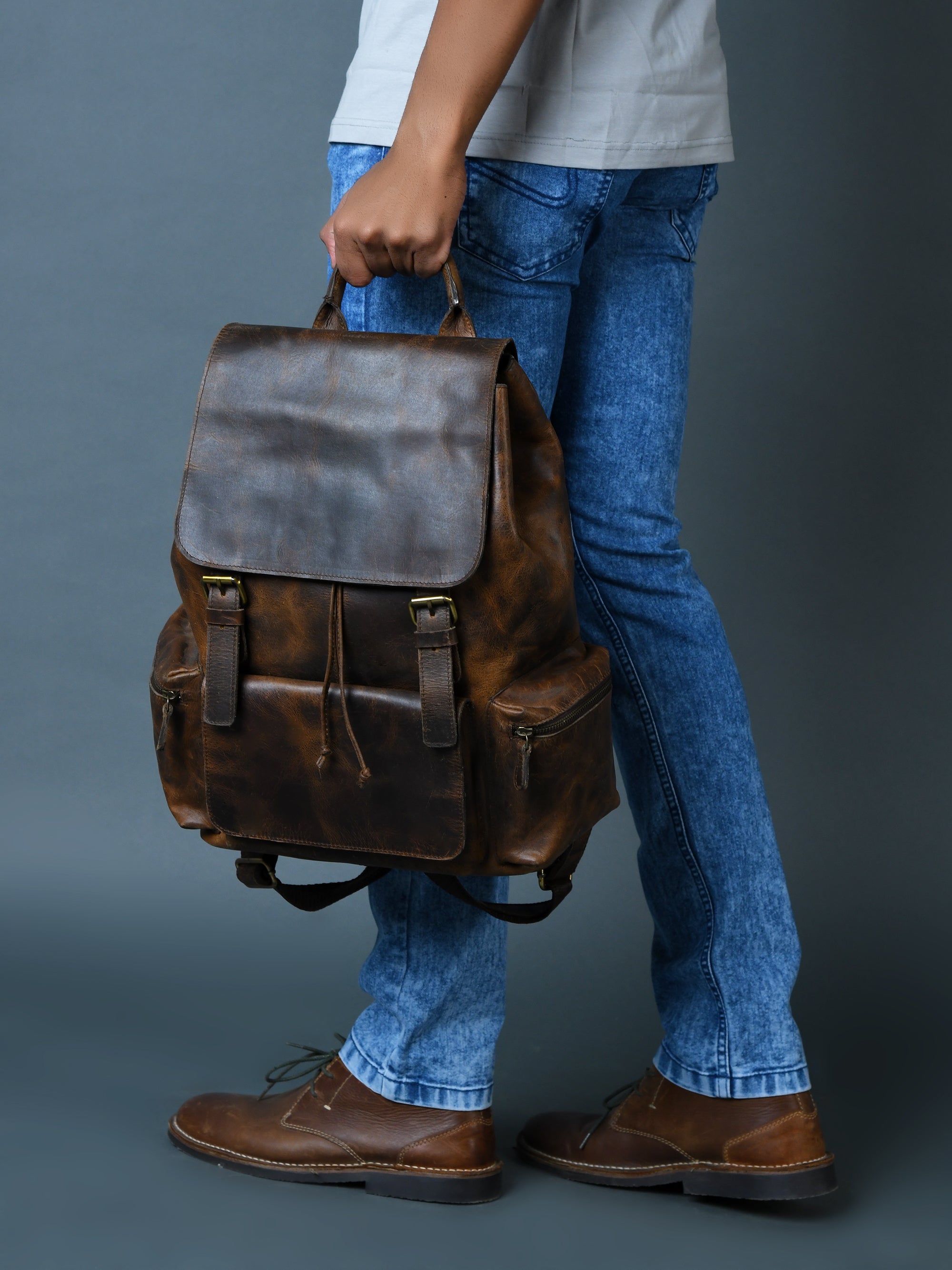 Vintage Brown Leather Roll Top Backpack