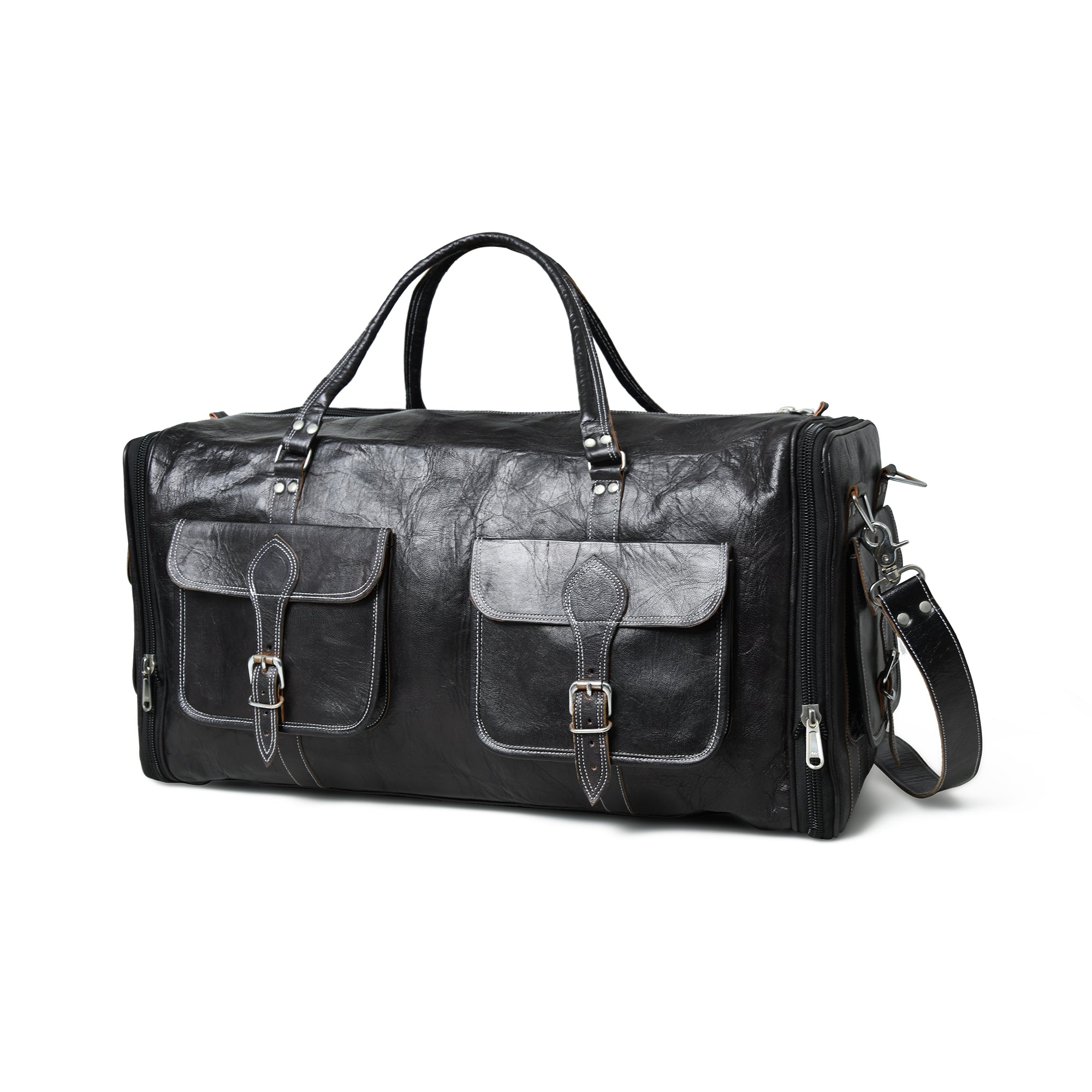Versatile Black Expandable Leather Travel Duffel Bag