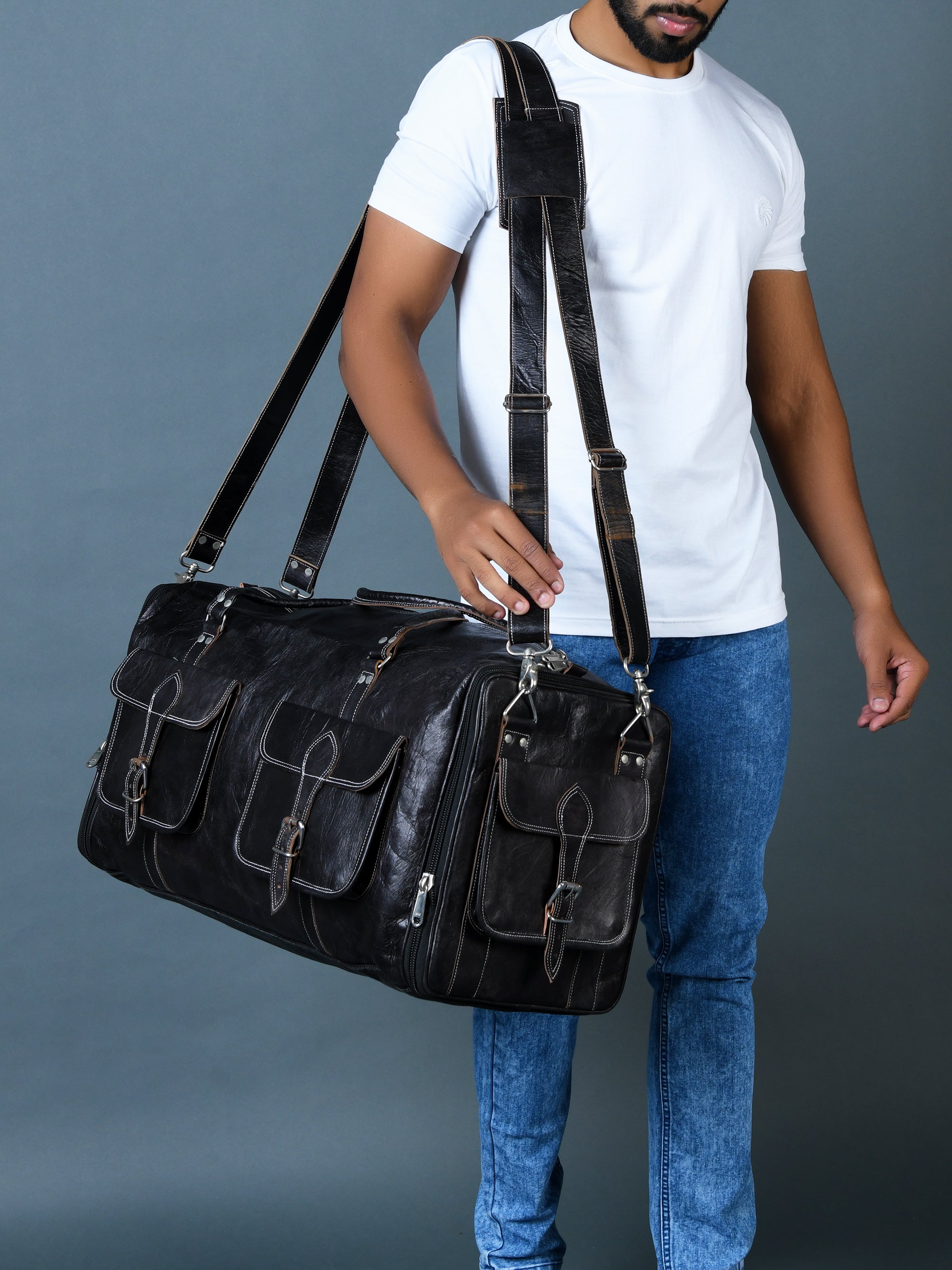 Versatile Black Expandable Leather Travel Duffel Bag