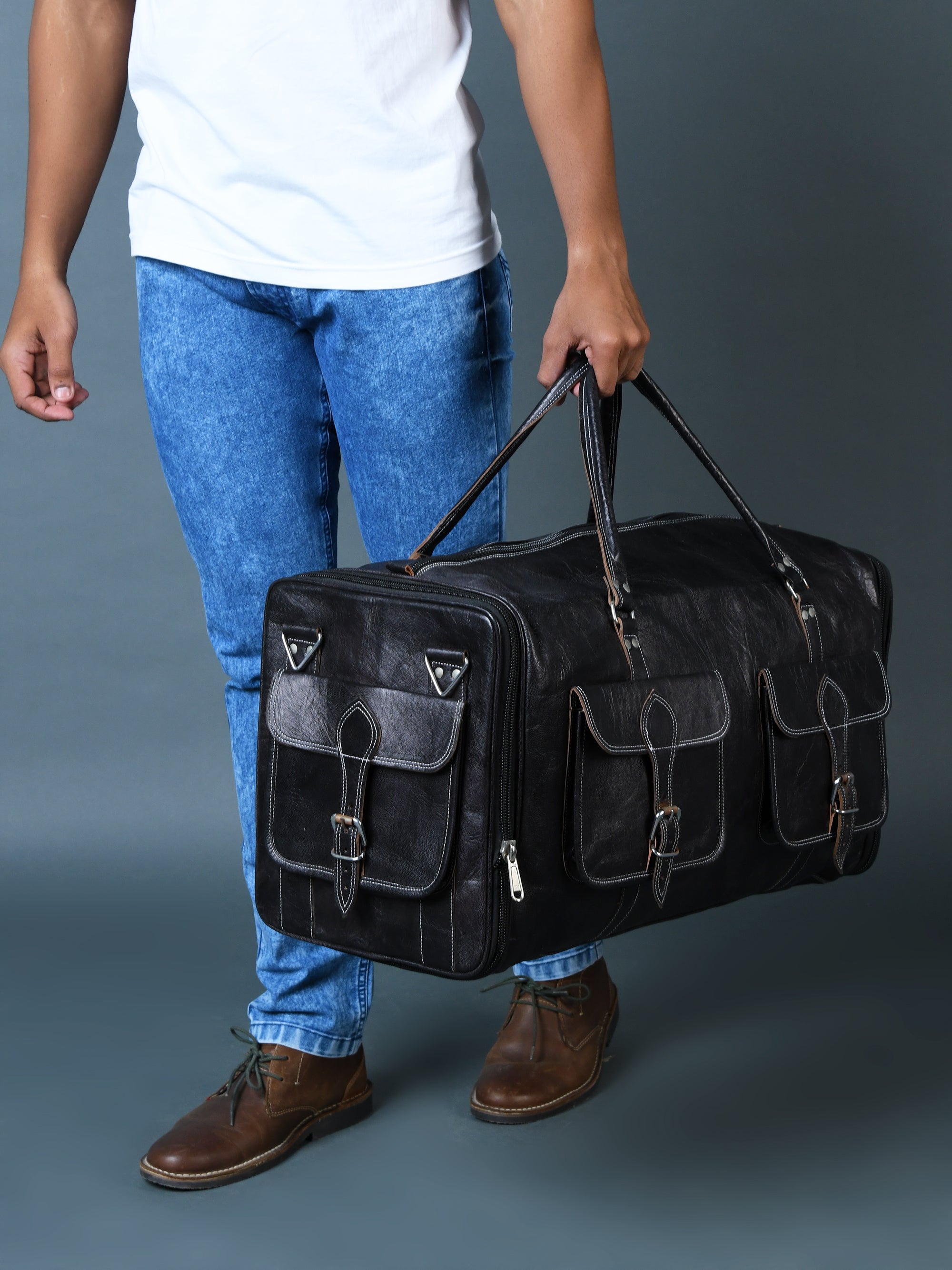 Versatile Black Expandable Leather Travel Duffel Bag