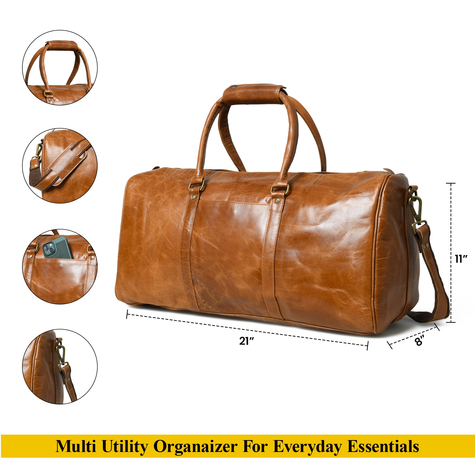 Vintage Tan Leather Weekender Duffel Bag