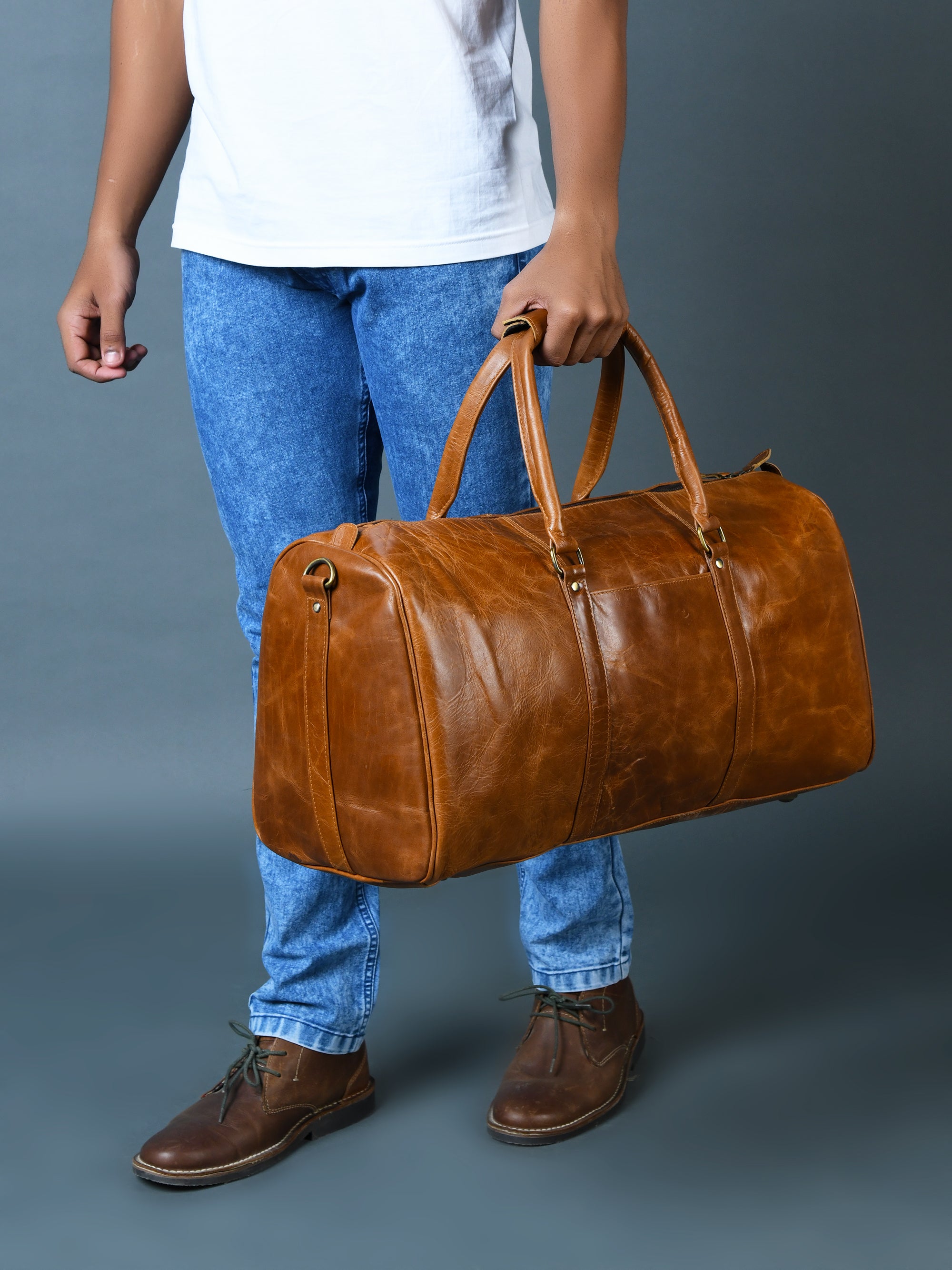 Vintage Tan Leather Weekender Duffel Bag