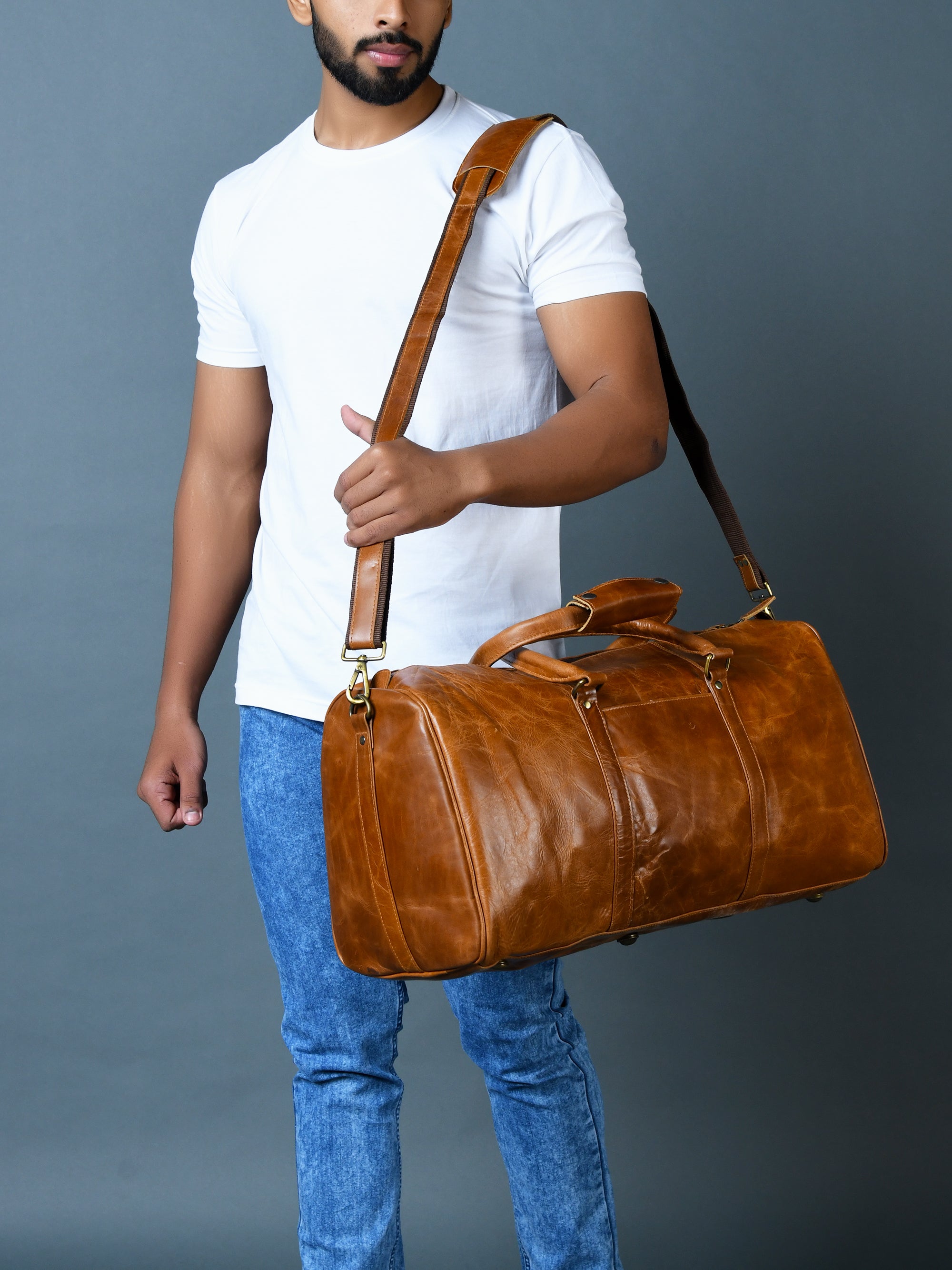 Vintage Tan Leather Weekender Duffel Bag