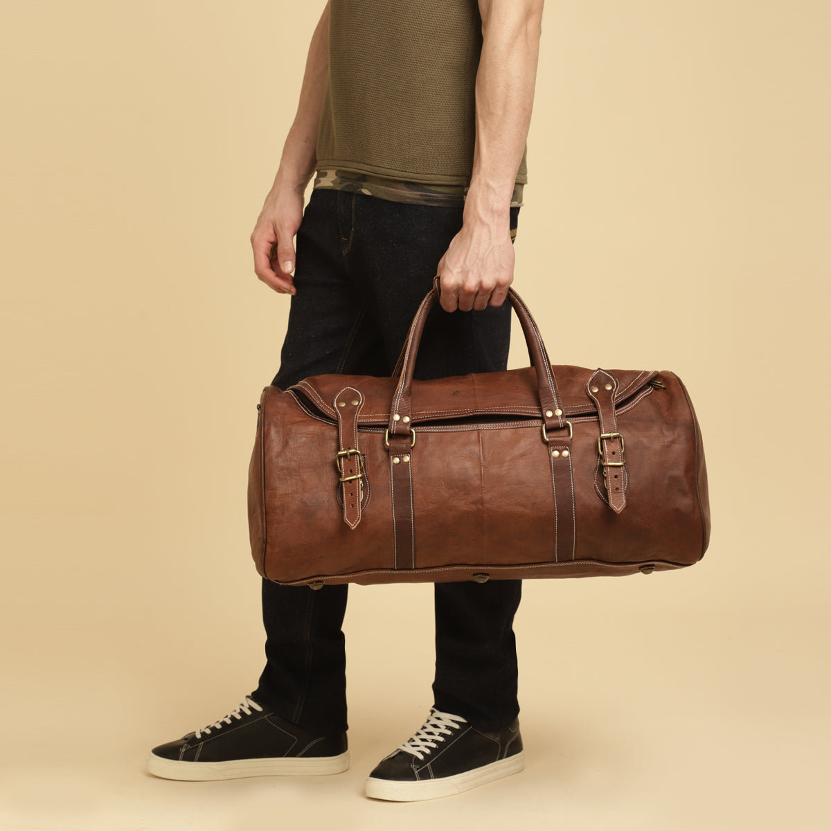 Rugged Leather Multi-Pocket Travel Duffel Bag